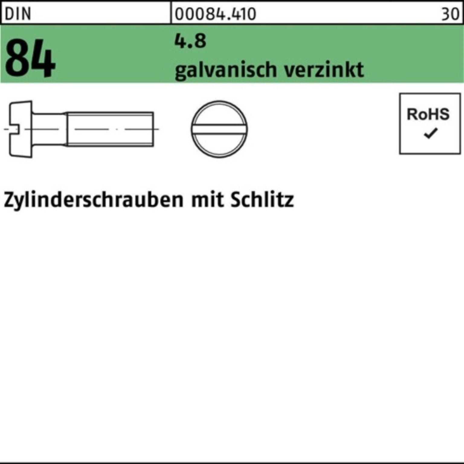 Zylinderschraube 100er Pack Zylinderschraube M 4 x 70 DIN 84/ISO 1207 Schlitz 4.8 galva