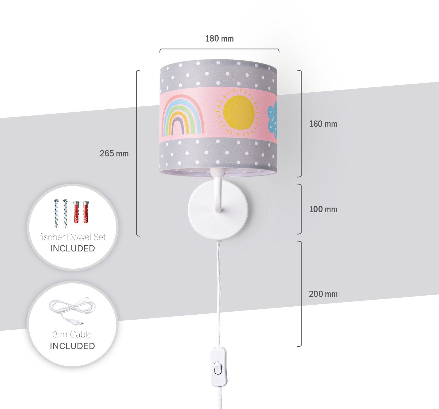 Paco Home Wandleuchte Cosmo 962, E14 Kinderzimmer Stecker Sonne ohne Lampe Leuchtmittel, Wolken Regenbogen âˆ…18cm