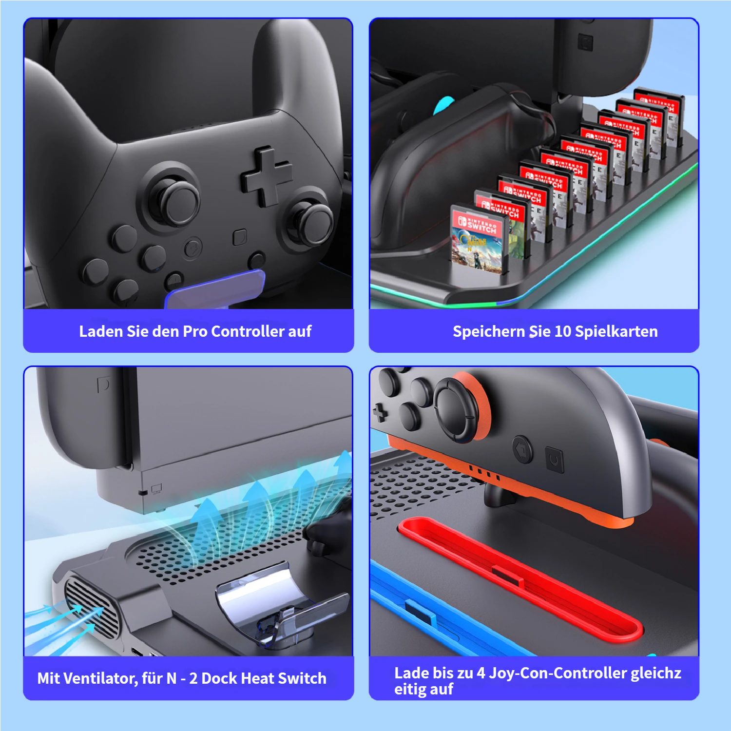 KINSI Switch 2 Ladedock mit Kühlventilator & RGB Beleuchtung Controller-Ladestation (Für Switch 2, für 4 Joy-Cons + Pro Controller + Spielekartenhalter) – Bild 4 von 5