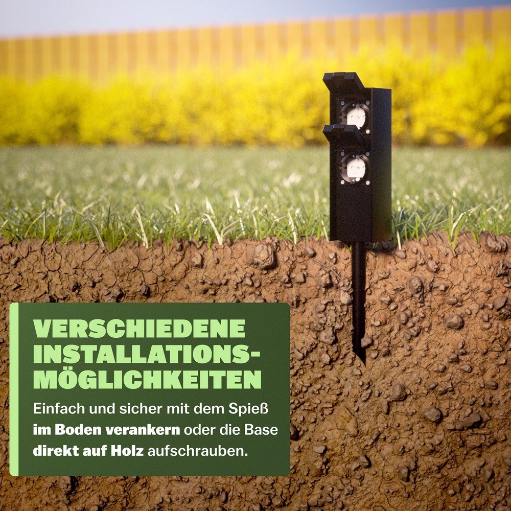 Witterungsbeständig Edelstahl Schwarz 2-fach monzana Metallspieß Gartensteckdose, IP44 Garten