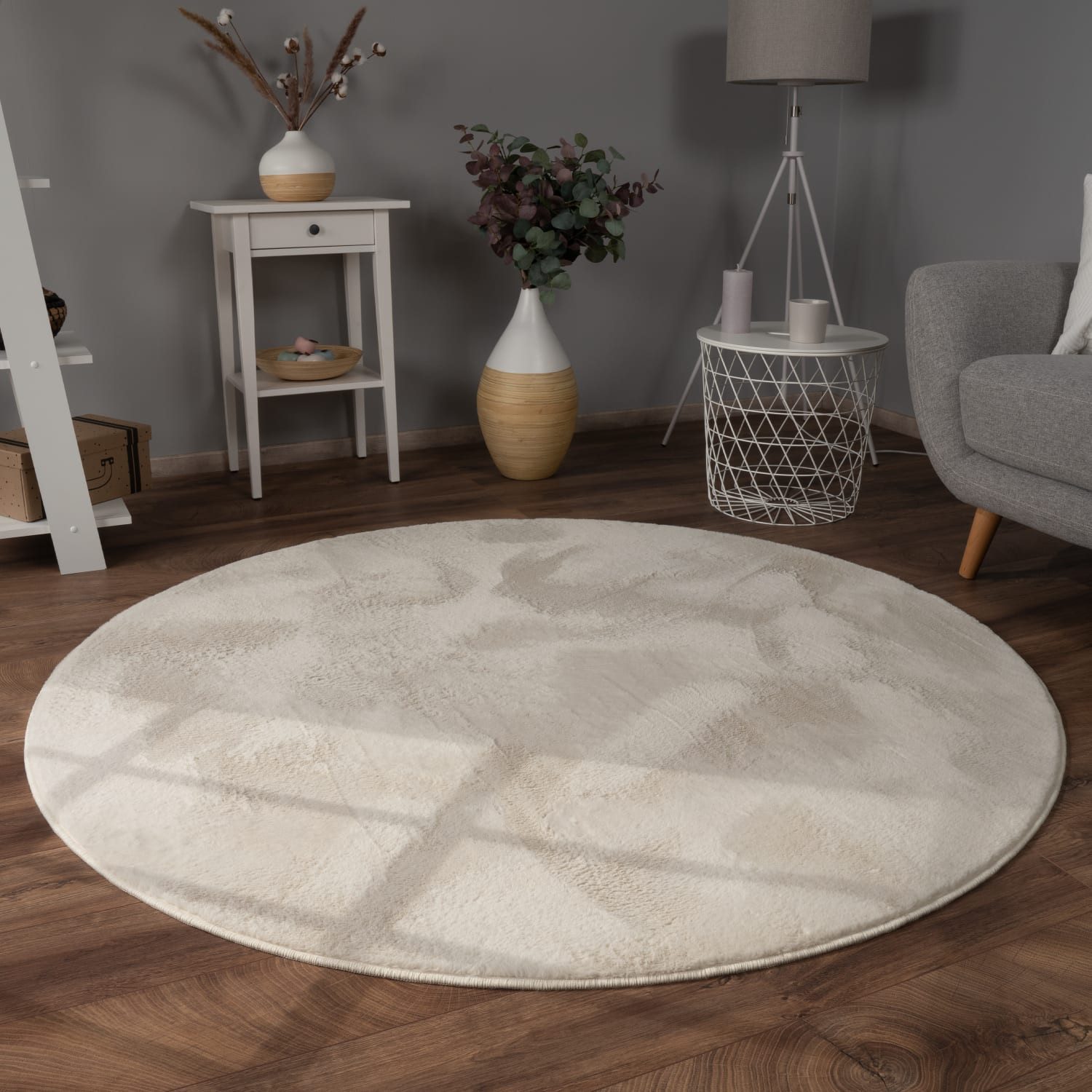 KADIMA DESIGN Teppich waschbar Einfarbig Wohnzimmer schmutzabweisend Teppich Kurzflor, Rund, Höhe: 14 mm, Florhöhe: 10 mm, Polyester, Rund, 100D, Creme