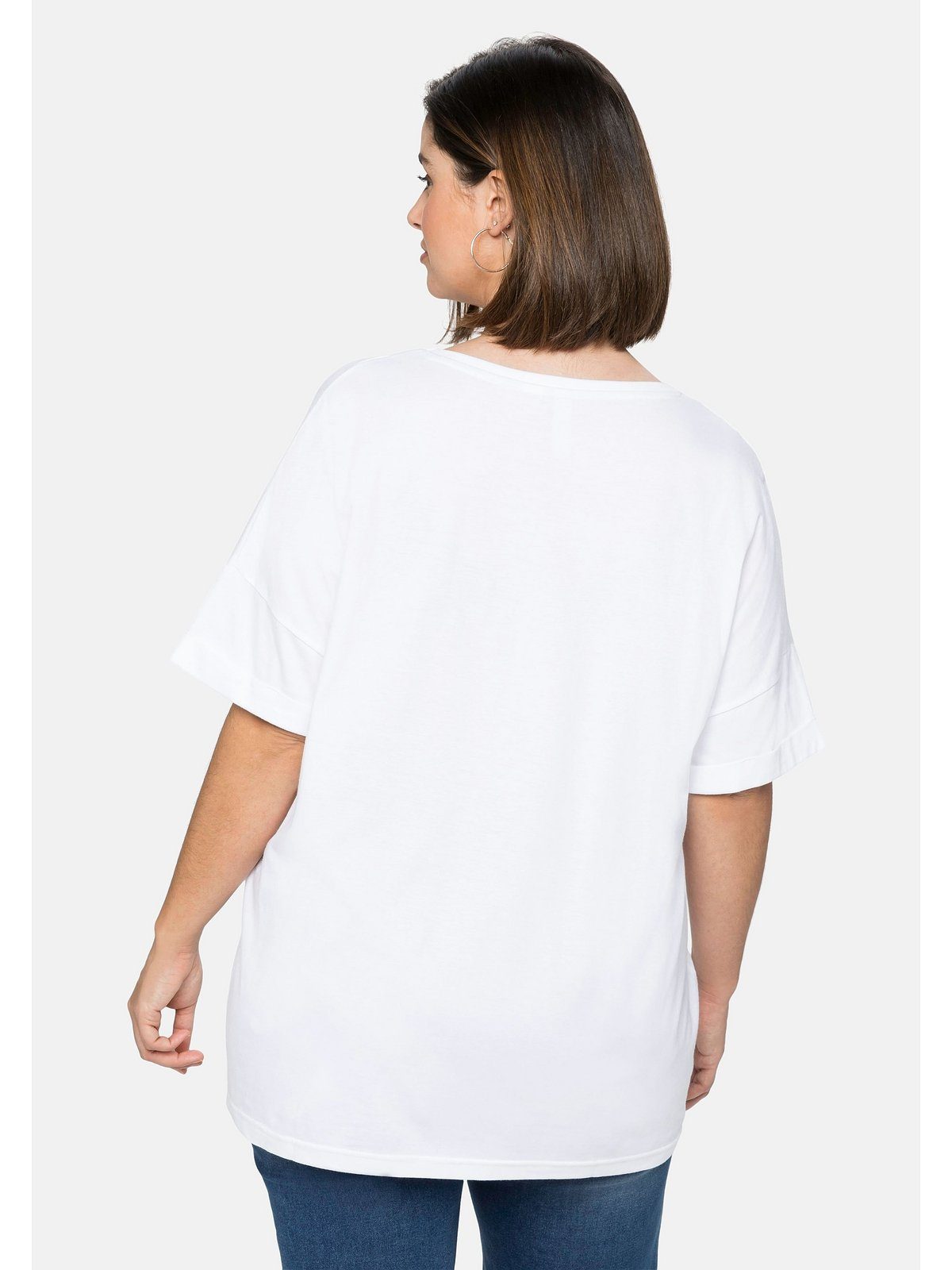 Sheego T-Shirt Große Größen mit weiß Ärmelaufschlag und Frontdruck