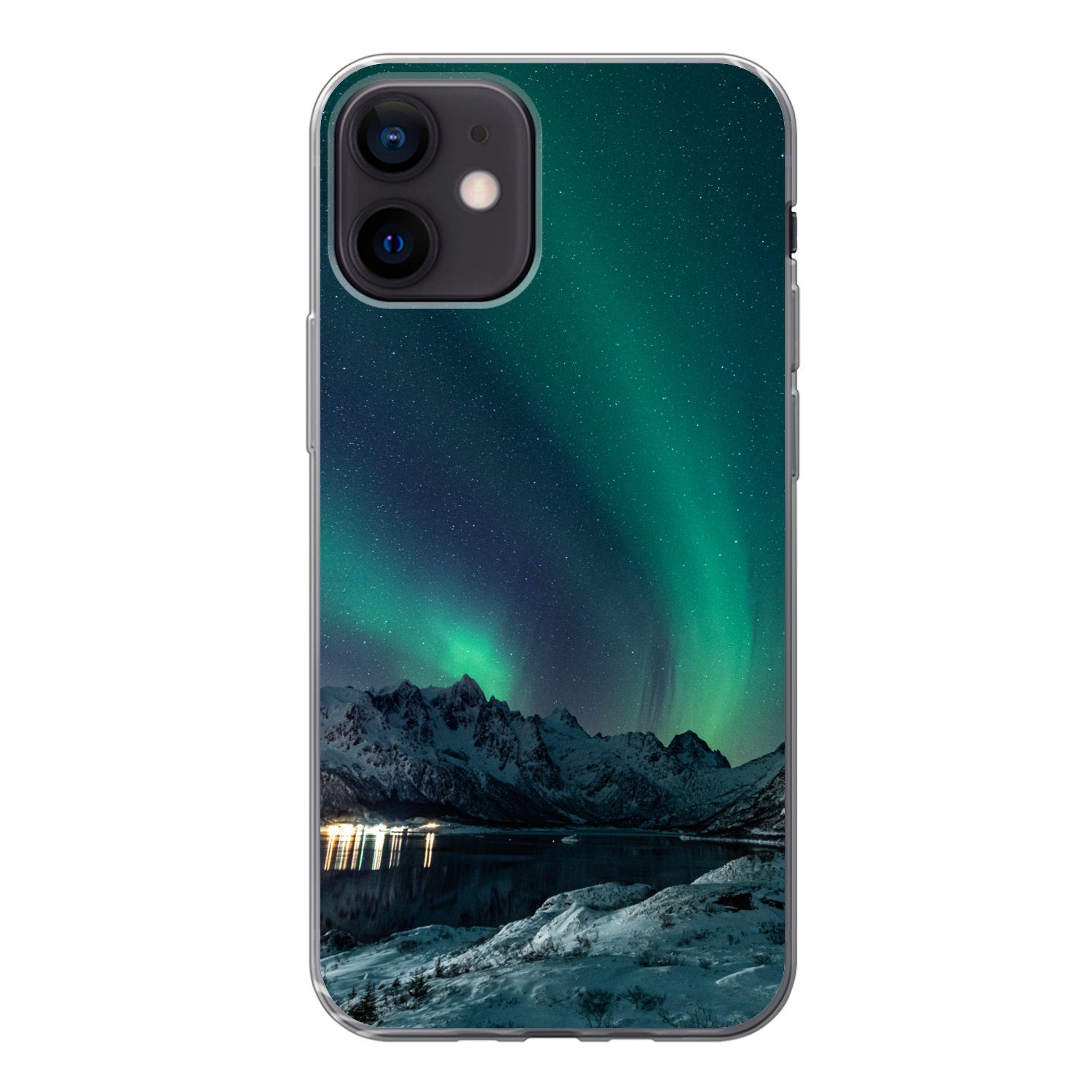Handyhülle für Apple iPhone 12 Nordlicht - Berg - Schnee - Grün - Sternenhimmel -