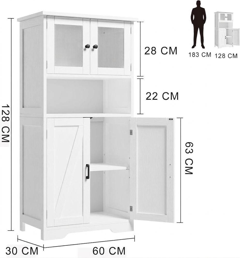 GarveeMore Hochschrank mit 4 Türen,Hochschrank Buffetschrank mit verstellbarem Einlegeboden Vitrinenschrank mit 4 Fächer für Küche Wohnzimmer Badezimmer,128cm