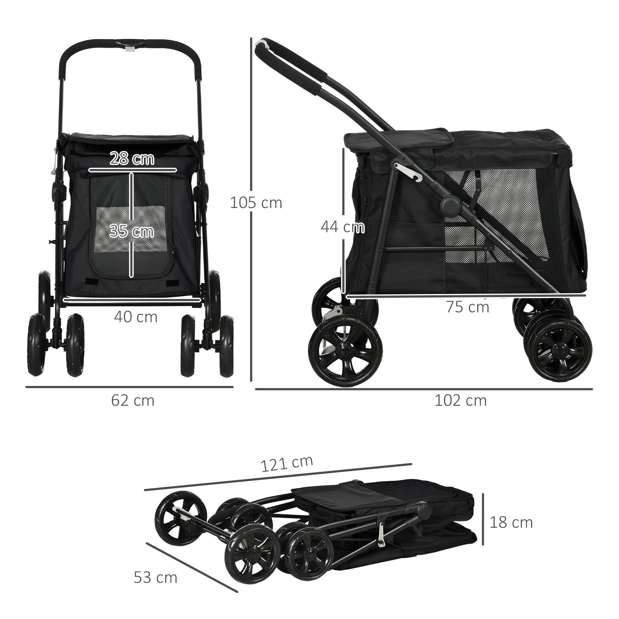 PawHut Hundebuggy Hundewagen, faltbarer Hundetrolley, mit Kissen, Netzfenster, (Hundetrolley, 1-tlg), für kleine und mittelgroße Hunde bis 20 kg, Oxford-Gewebe, Schwarz