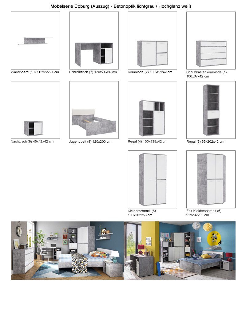 Coburg / Wandregal 2 10, weiß cm Hochglanz expendio Betonoptik mit 112x22x21 Böden