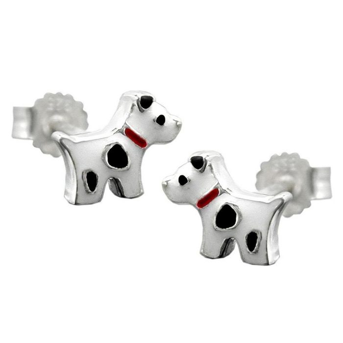 unbespielt Paar Ohrstecker Kinderohrringe Stecker 6 5 x 8 mm Hund mit Flecken farbig lackiert 925 Silber inklusive Schmuckbox Silberschmuck für Kinder GU11534