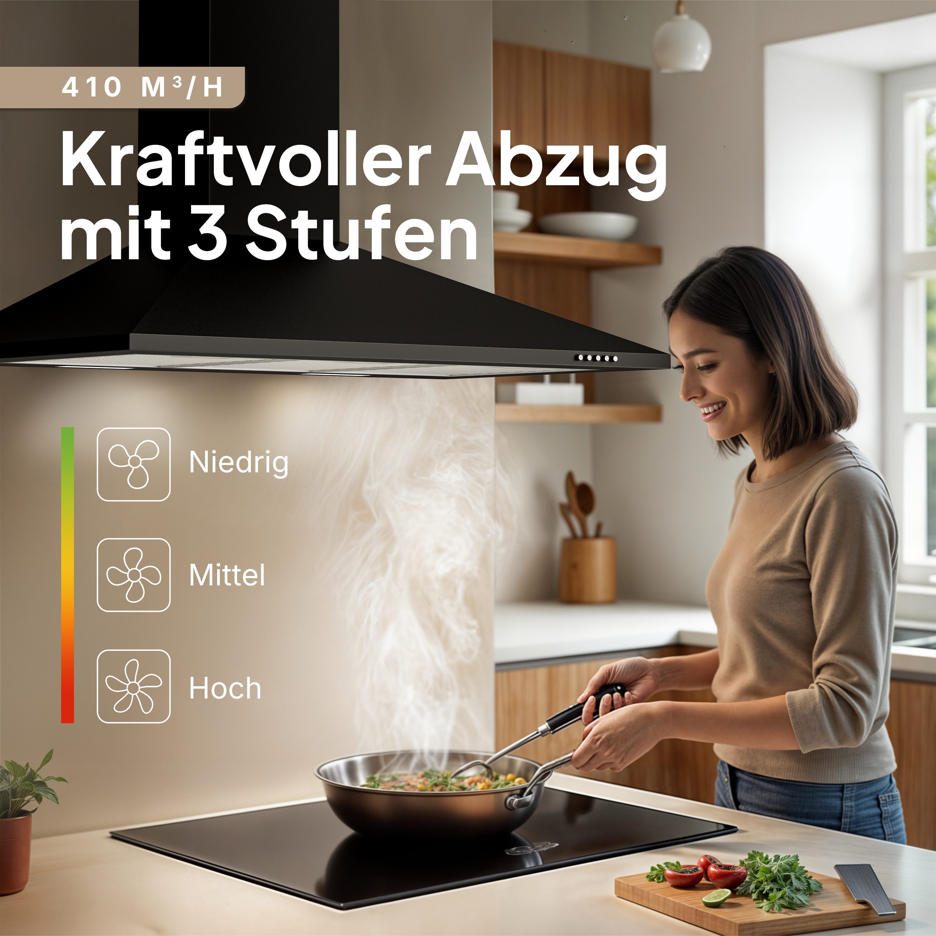 Levivo Wandhaube A+++ 410 m³/h Dunstabzugshaube 60cm und 90cm Umluft & Abluft A+++ 410 m³/h Dunstabzugshaube 60cm und 90cm Umluft & Abluft, Aktivkohlefiltern, Fettfiltern, LED-Beleuchtung