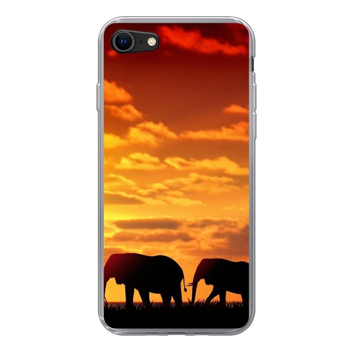 MuchoWow Handyhülle Eine Illustration von Elefanten in einer Landschaft mit einem Handyhülle Apple iPhone SE (2020) Smartphone-Bumper Print Handy