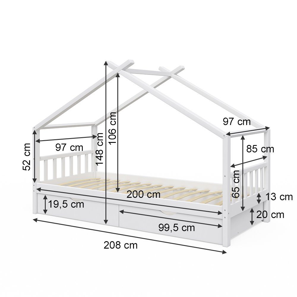 VitaliSpa® Hausbett Design, Weiß, 90x200 cm mit 2 Schubladen (1-tlg)