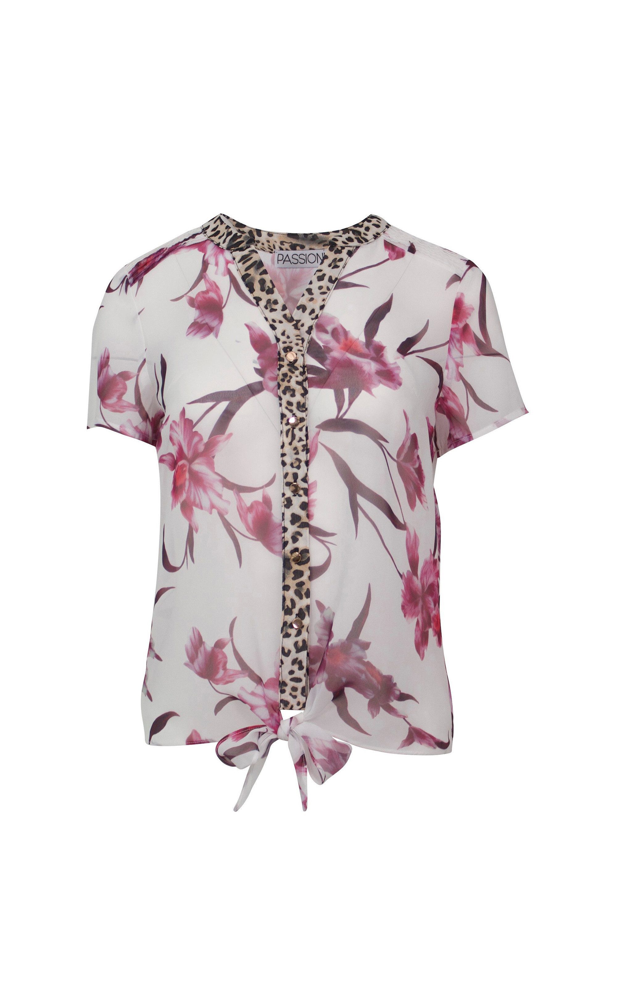Passioni Kurzarmbluse Bluse in Weiß, mit Leopardenstreifen und floral Print