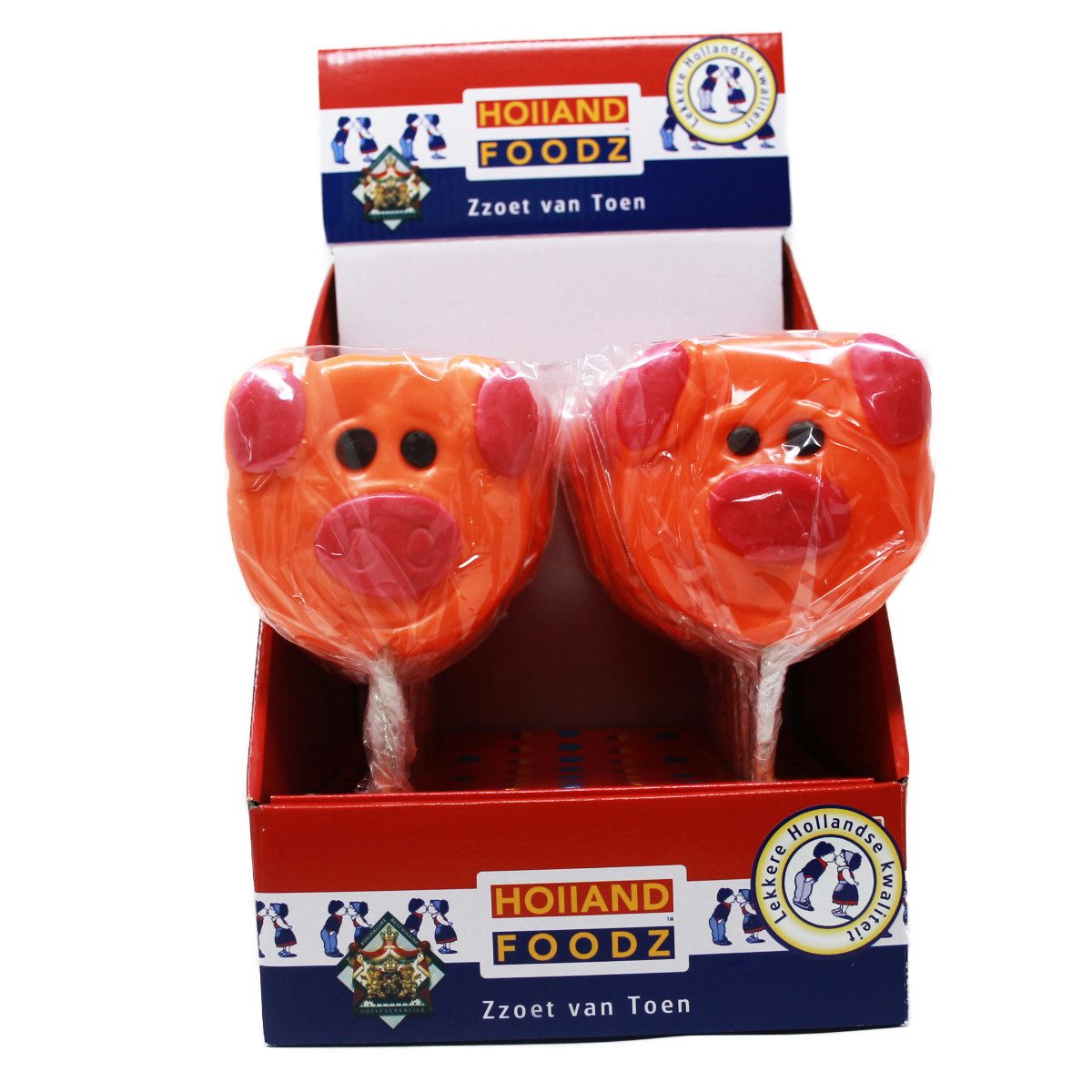 Holland Foodz Süßigkeit, Holland Foodz Schweinchen Glückslutscher in orange 100g 17er Display