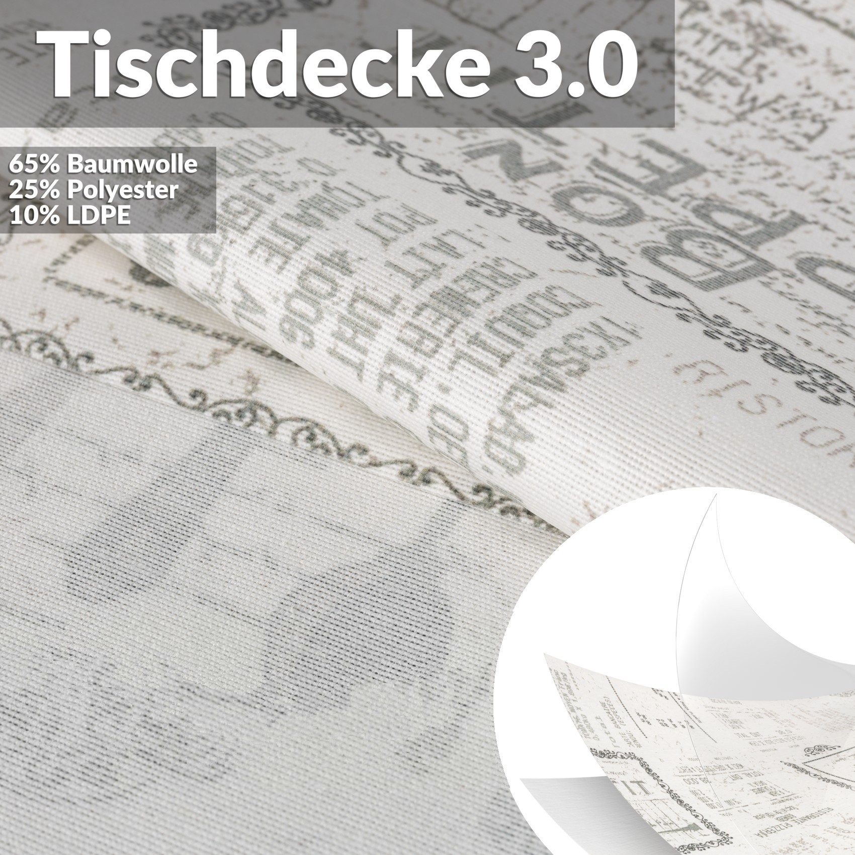 ANRO Tischdecke Wachstuch 3.0 abwaschbar Vintage Tischwäsche (Einzelstück 1-tlg), wasserabweisend PU-Beschichtet Zeitlos Grau 100x140cm – Bild 4 von 5