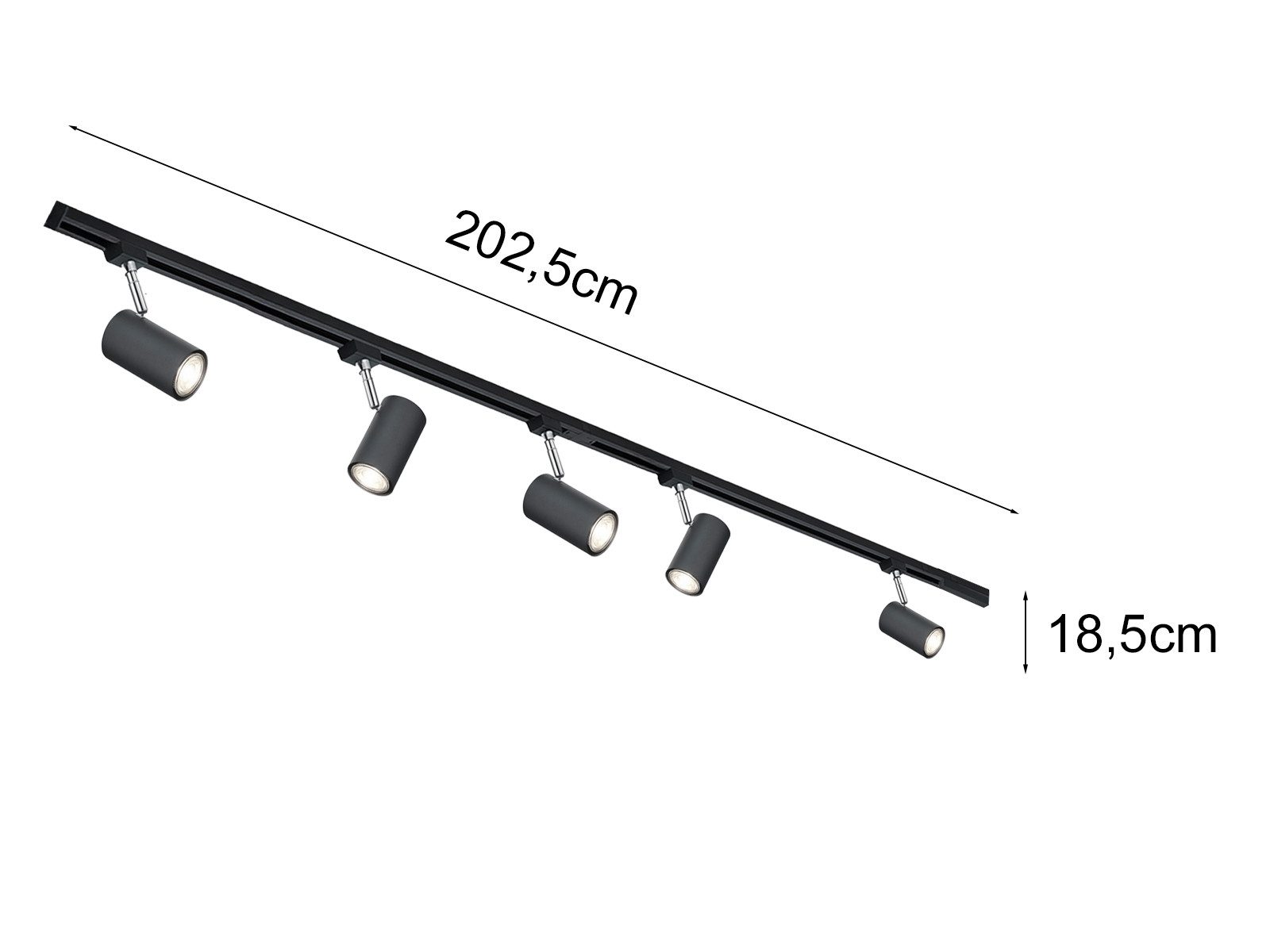 TRIO Leuchten Schienensystem-Sets komplett mit 5 Strahlern, Länge 202,5cm, ohne Leuchtmittel, 2-Phasen Lichtschienensystem für Wand & Decke, Deckenleuchte lang  – Bild 4 von 5