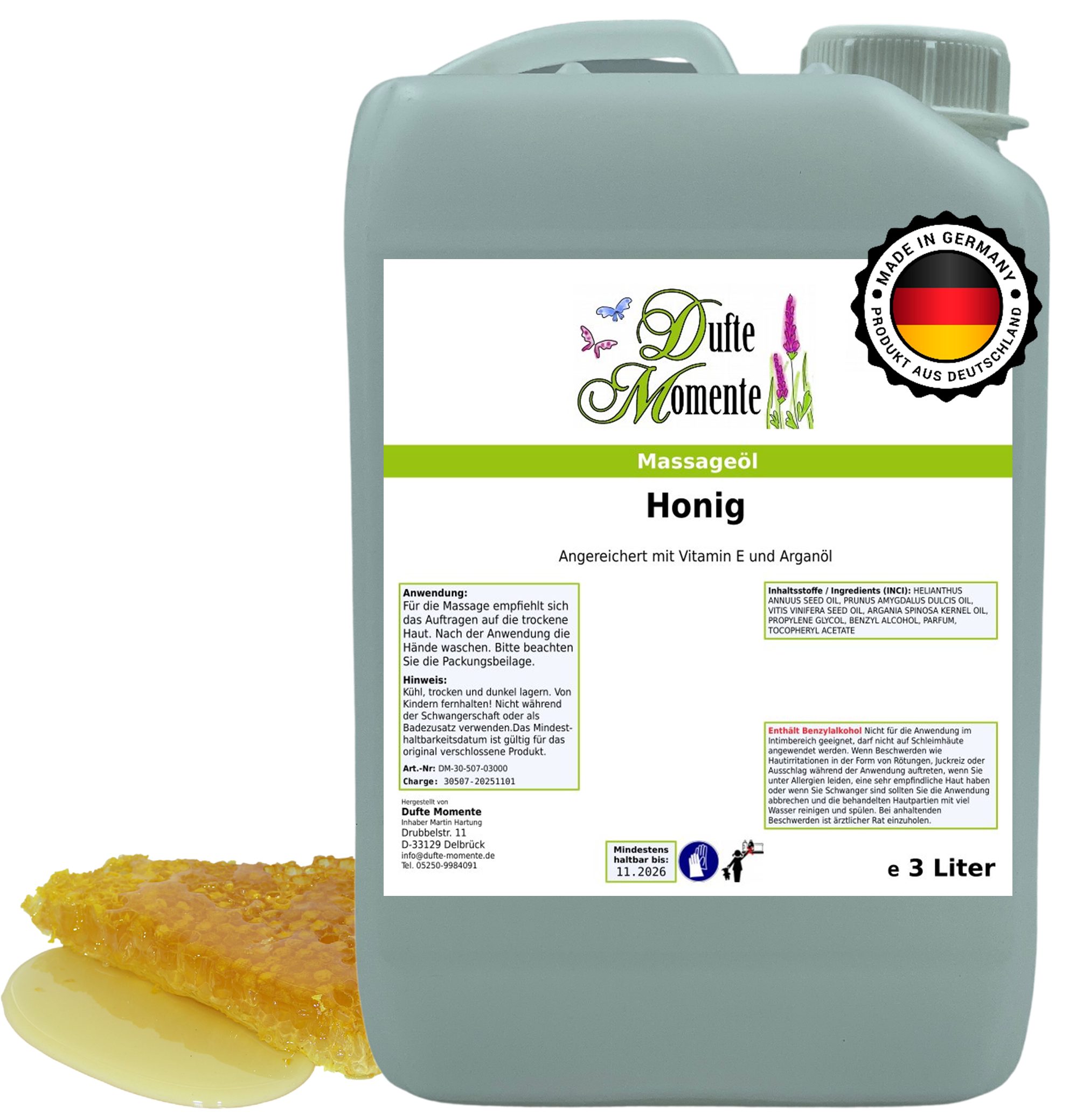 Dufte Momente Massageöl Honig 250ml - 3 L, hochwertige Pflanzenöle als Basis, vegan und ohne Tierversuche