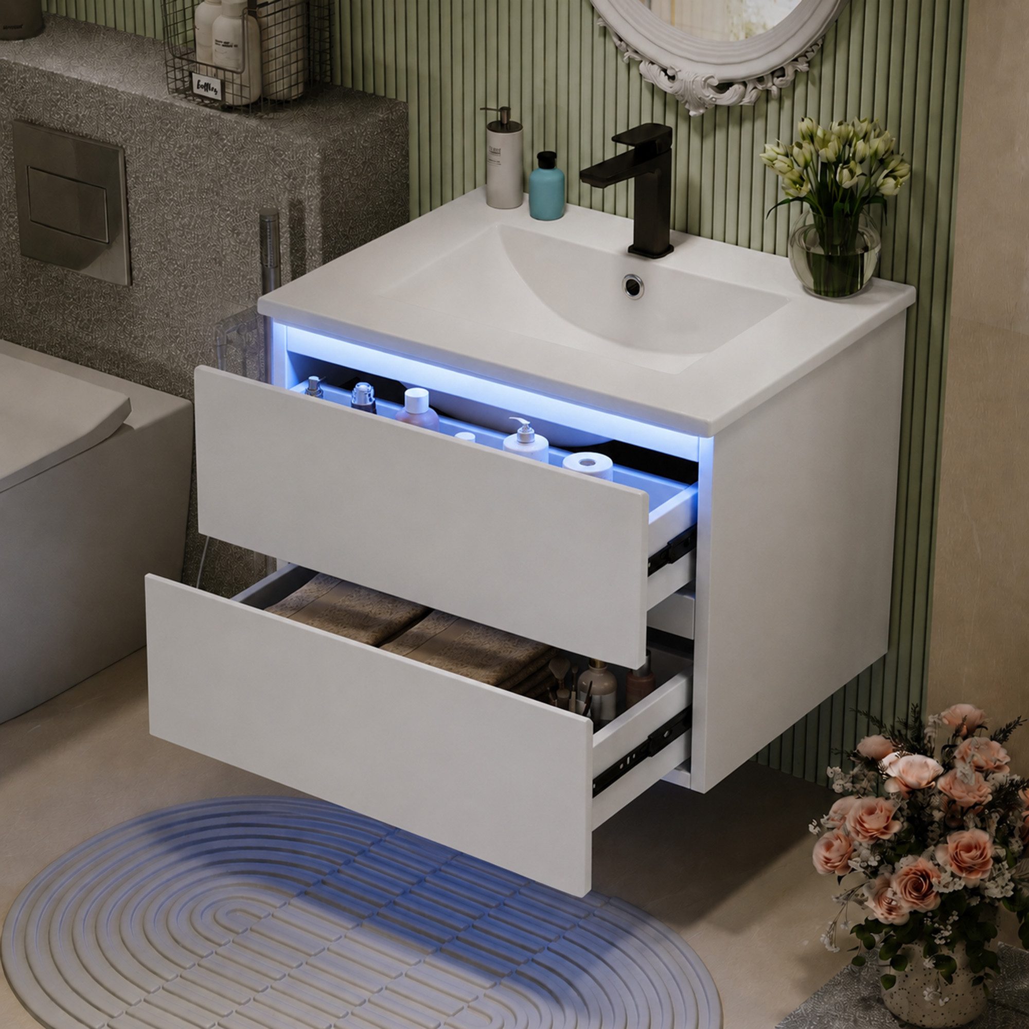Flieks Waschtisch mit LED-Radarsensor Waschbeckenunterschrank inkl. Waschbecken (B61/T46/H45 cm, Volllackierung, 1-St., wandhängend, Badschrank mit Led-Beleuchtung Waschplatz Badezimmer), Badmöbel-Set mit 2 leisen Schubladen Badezimmerschrank Weiß