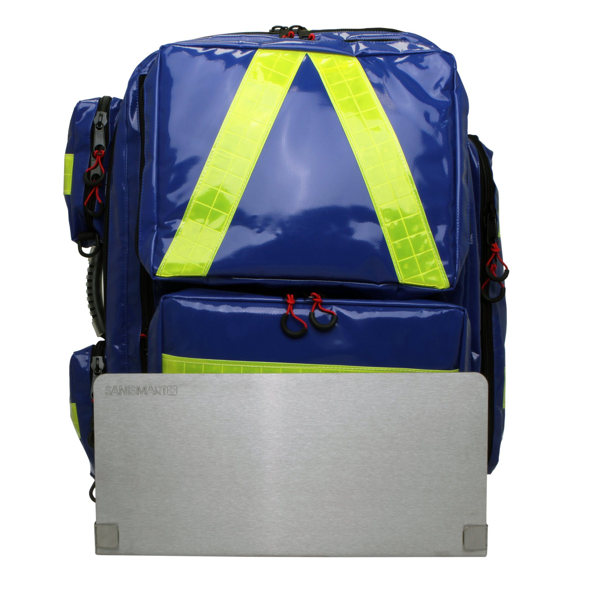 SANISMART Arzttasche Wandhalterung für Notfallrucksäcke mit Notfallrucksack Medicus XL Blau Plane