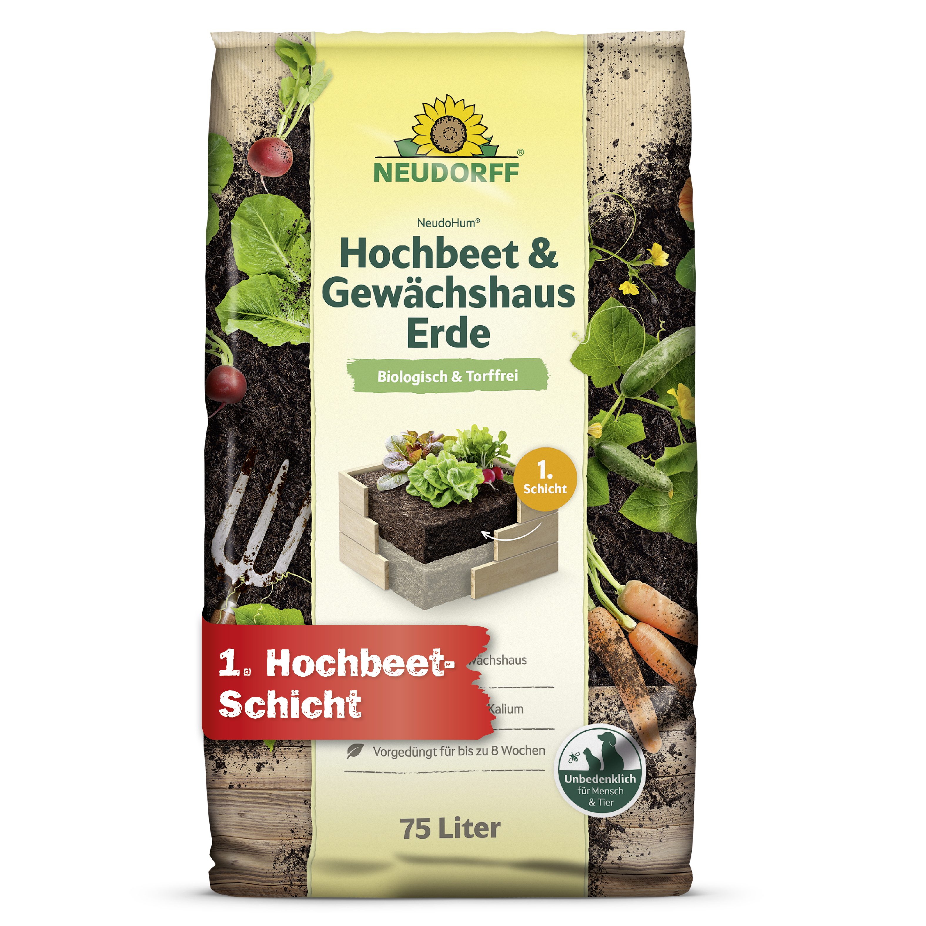 Neudorff Pflanzerde NeudoHum Bio Hochbeet-und GewächshausErde 75 Liter, mit organische Grunddüngung, (Einzelartikel, Für Hochbeet, Gewächshaus & Kübel, fördert kräftige Pflanzen), Biologisch, torffrei, mit hohem Gehalt an Kalium
