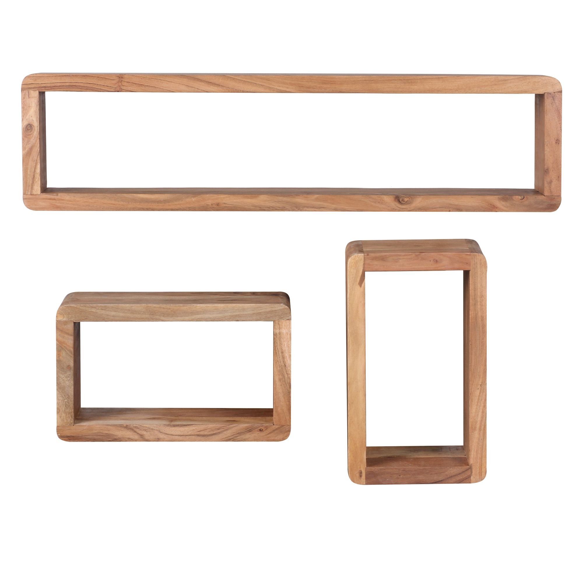 möbelando Wandregal Design Wandregal 3er Set BOHA Massiv Holzregale, Design Wandregal 3er Set BOHA Massiv Holzregale Akazie Landhausstil, Rustikales Wandregal-Set Holz, Hängeregal Viereckig Echtholz, Wand-Regale, Hängend Würfel, Regal Wandkästen Eckig | Wandregale