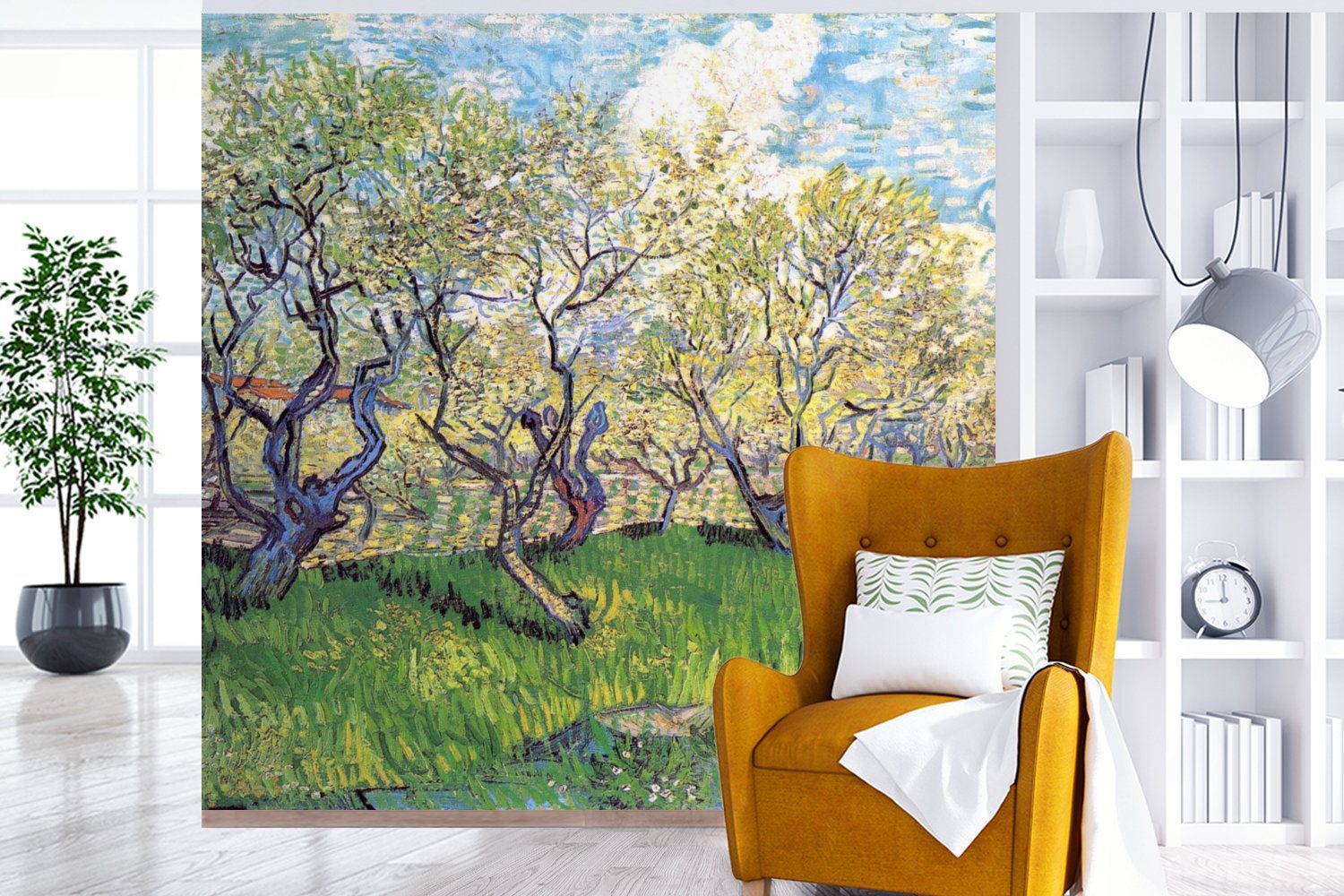 bedruckt, Vincent Fototapete mit Matt, Pflaumen Gogh, MuchoWow Vliestapete Schlafzimmer van für blühenden Obstgarten Fototapete - St), (4 Wohnzimmer Küche,