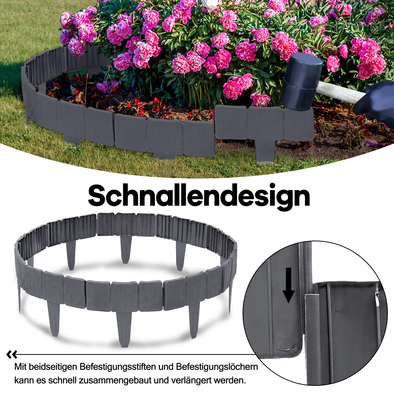FIVMEN Beetumrandung Rasenkante Kunststoff Steinoptik Palisade aus Polypropylen, Mähkante dekorativ für Garten, 1 Element BxHxT: 25x23x1cm – Bild 3 von 5