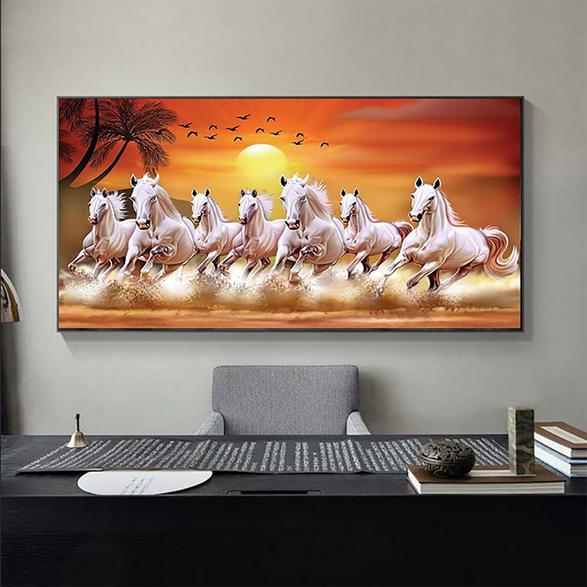 TPFLiving Kunstdruck »(OHNE RAHMEN) Poster - Leinwand - Wandbild«, Wilde  Pferde - Running horses - Galoppierende Pferde - Schimmel (Leinwand  Wohnzimmer, Leinwand Bilder, Kunstdruck), Leinwand bunt - Größe 20x40cm