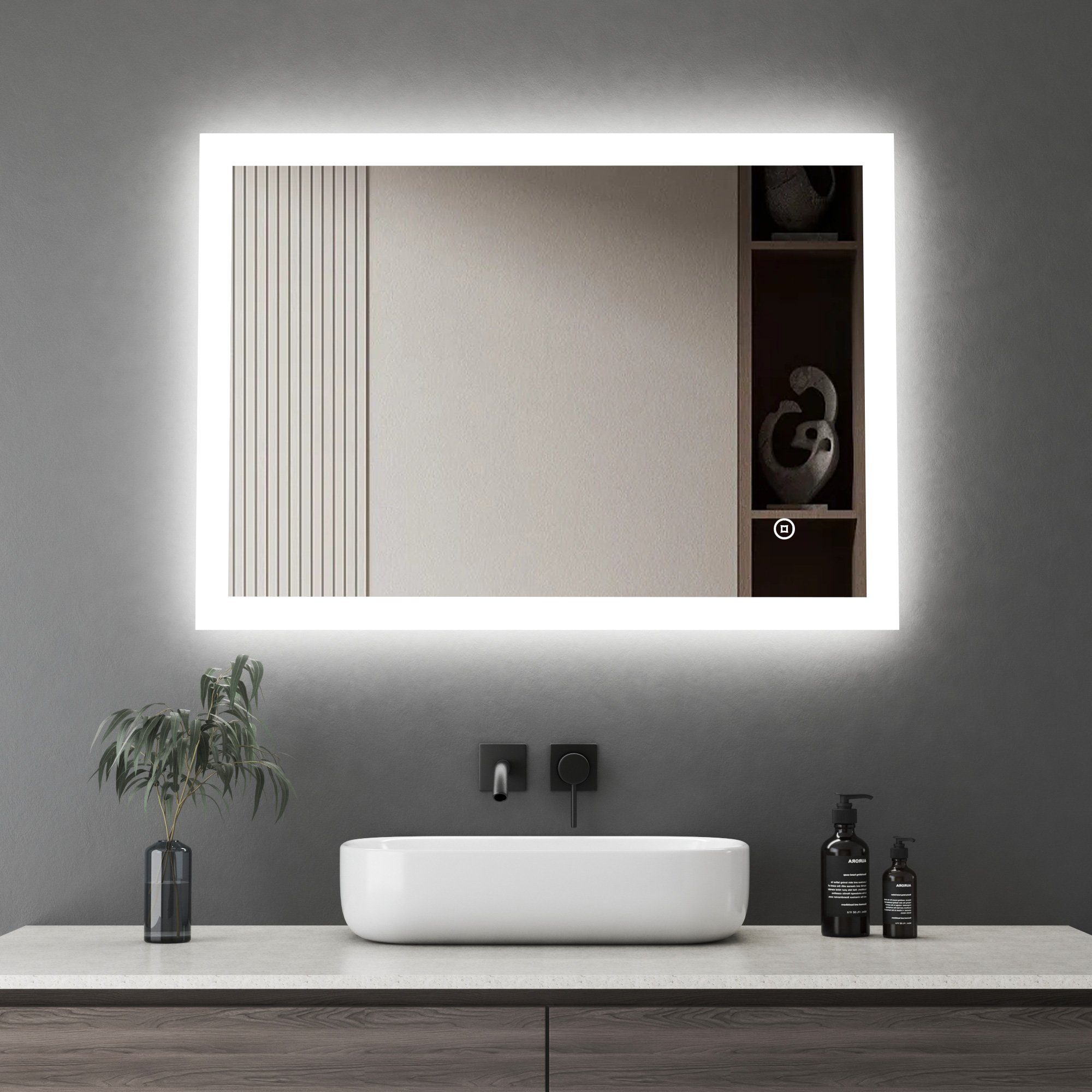 WDWRITTI Spiegel Bad mit Warmweiß beleuchtung Badspiegel Led Touch Uhr Wandschalter (Badezimmerspiegel Rund Rechteckig, 3 Lichtfarben, Helligkeit einstellbar), Speicherfunktion, IP44