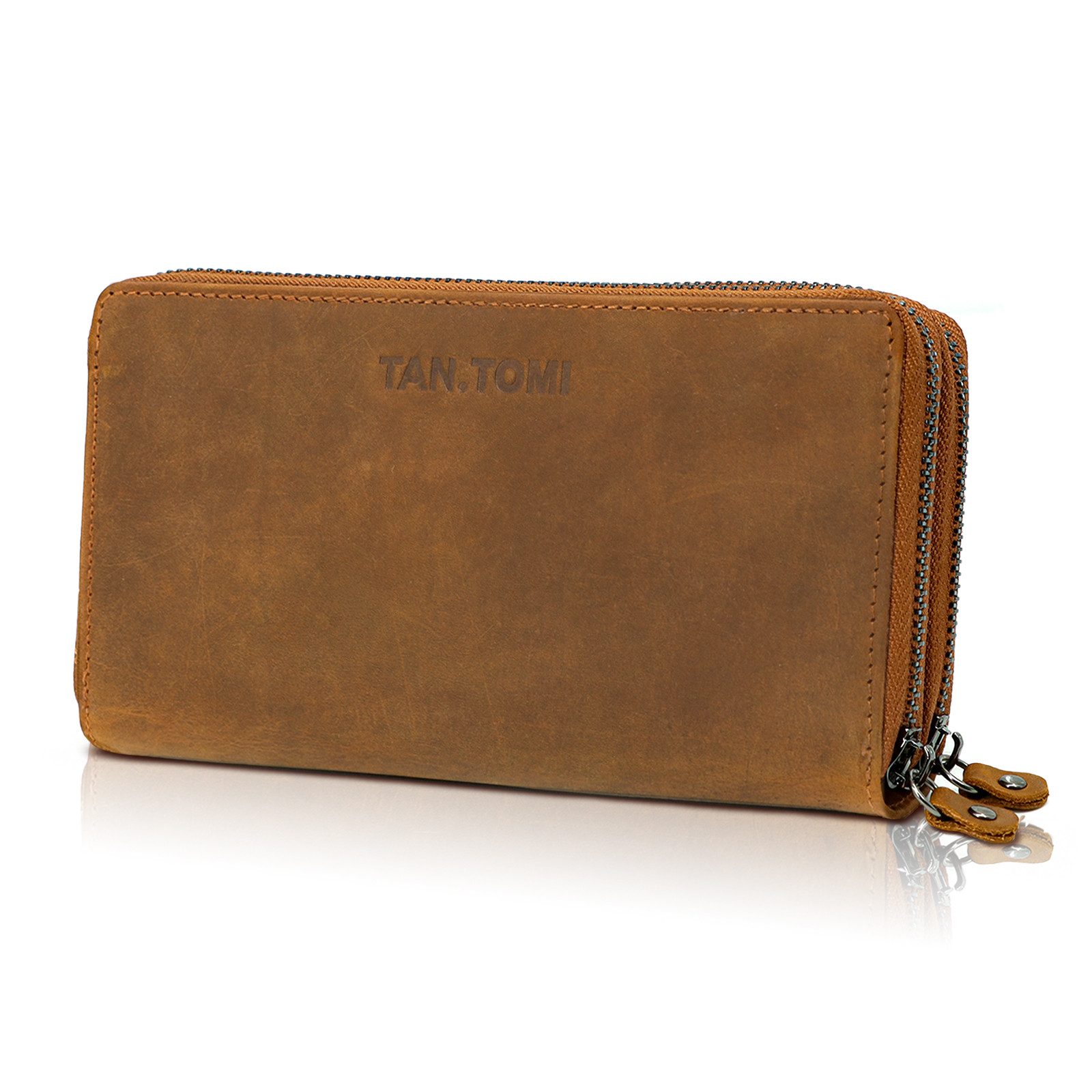 TAN.TOMI Geldbörse Brieftasche Geldbeutel Büffel Leder Braun groß im Langformat Vintage, RFID Schutz mit doppelten Reißverschlüssen und vielen Fächern