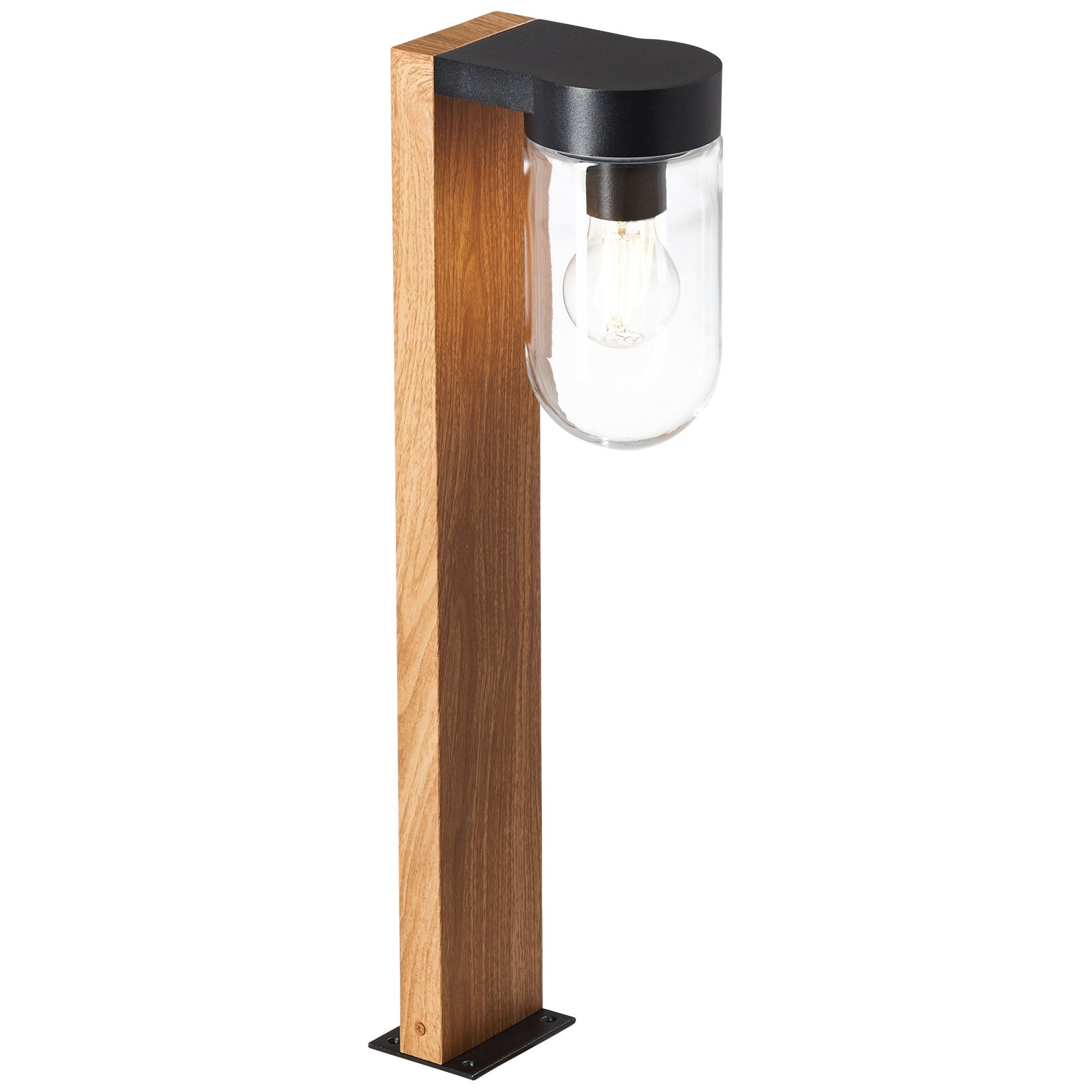 Sockelleuchte, max. ohne 40 Lightbox E27 Leuchtmittel, Höhe, W, Metall/Glas, Außen-Stehlampe, Holzoptik 55cm