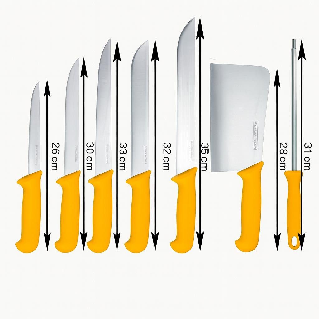 HOOZ Messer-Set Fleischermesser Set 7-teilig mit Hackbeil & Wetzstahl aus Edelstahl (7-tlg), 7-teiliges Fleischermesser Set mit Wetzstahl und Hackbeil