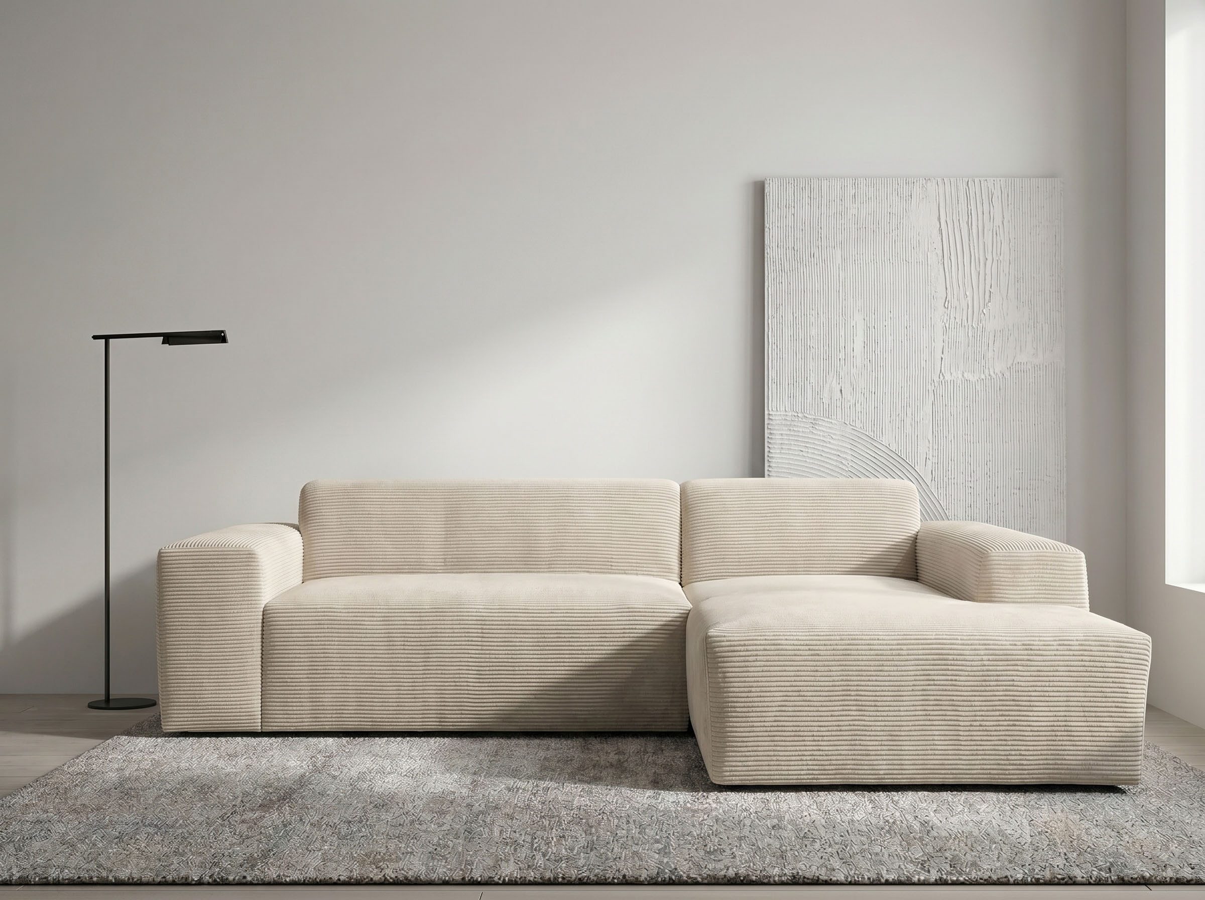 WERK2 Ecksofa Zeus-L 253 cm breit, bequemes Cord-Sofa in L-Form, urbanes Design, Organische curvy-trend Couch mit großer Komfort-Ottomane