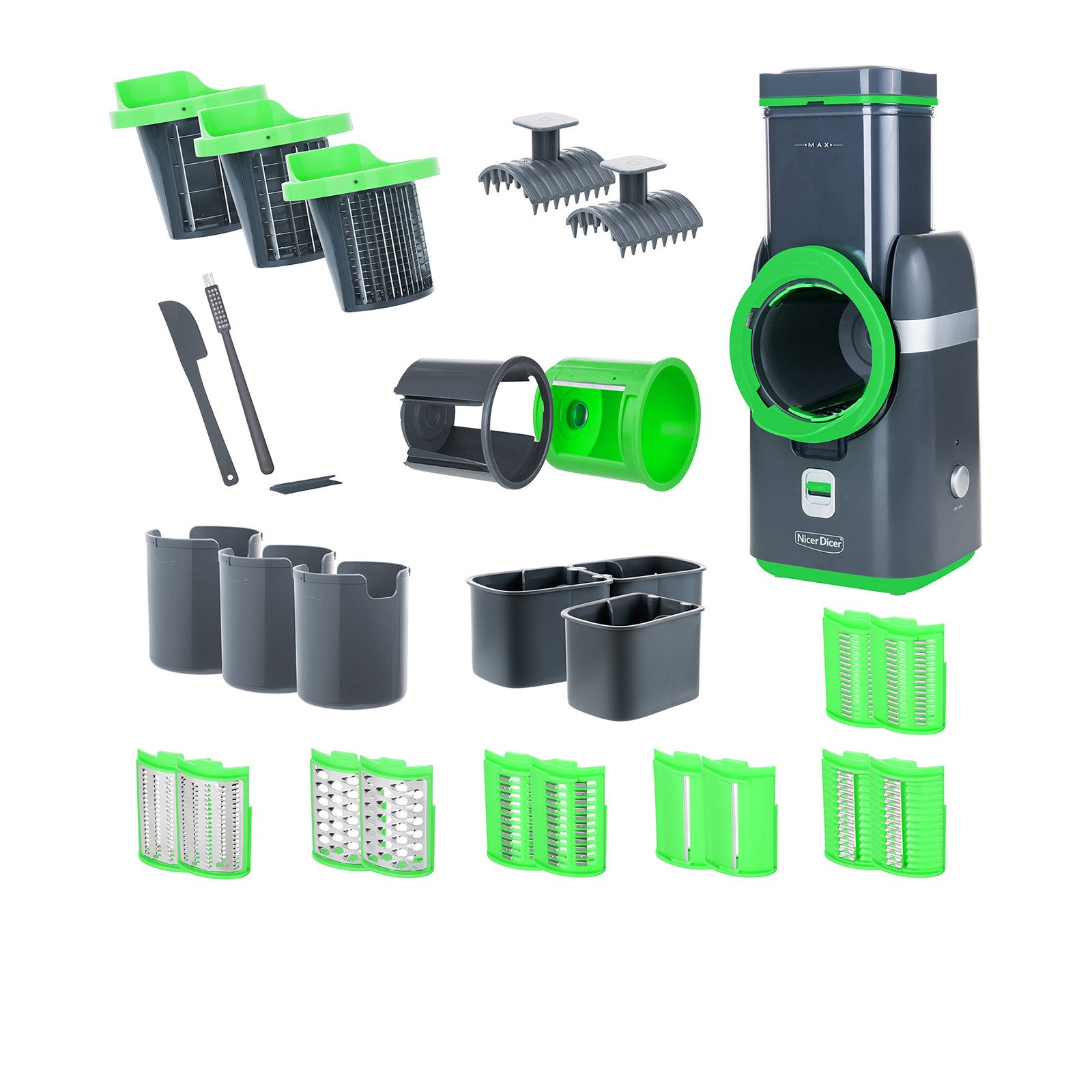 Genius Gemüseschneider Nicer Dicer Electro Gemüseschneider Deluxe Set 32 tlg, 9 Einsätze, 80 W, Maximale Vielseitigkeit durch 9 Einsätze