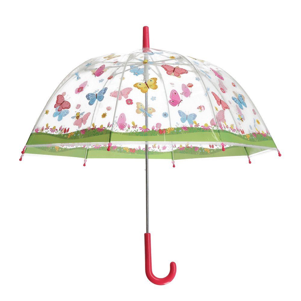 esschert design Stockregenschirm Kinder Regenschirm transparent mit SCHMETTERLINGEN und pinkem Griff