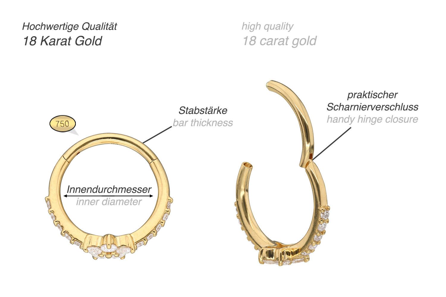 PIERCINGLINE Nasenpiercing 18 Karat Gold Segmentring Clicker MOISSANIT-BLUME + EINGEFASSTE (Clicker, 1-tlg), Ohrpiercing für Conch, Helix, Tragus, Daith, Lobe