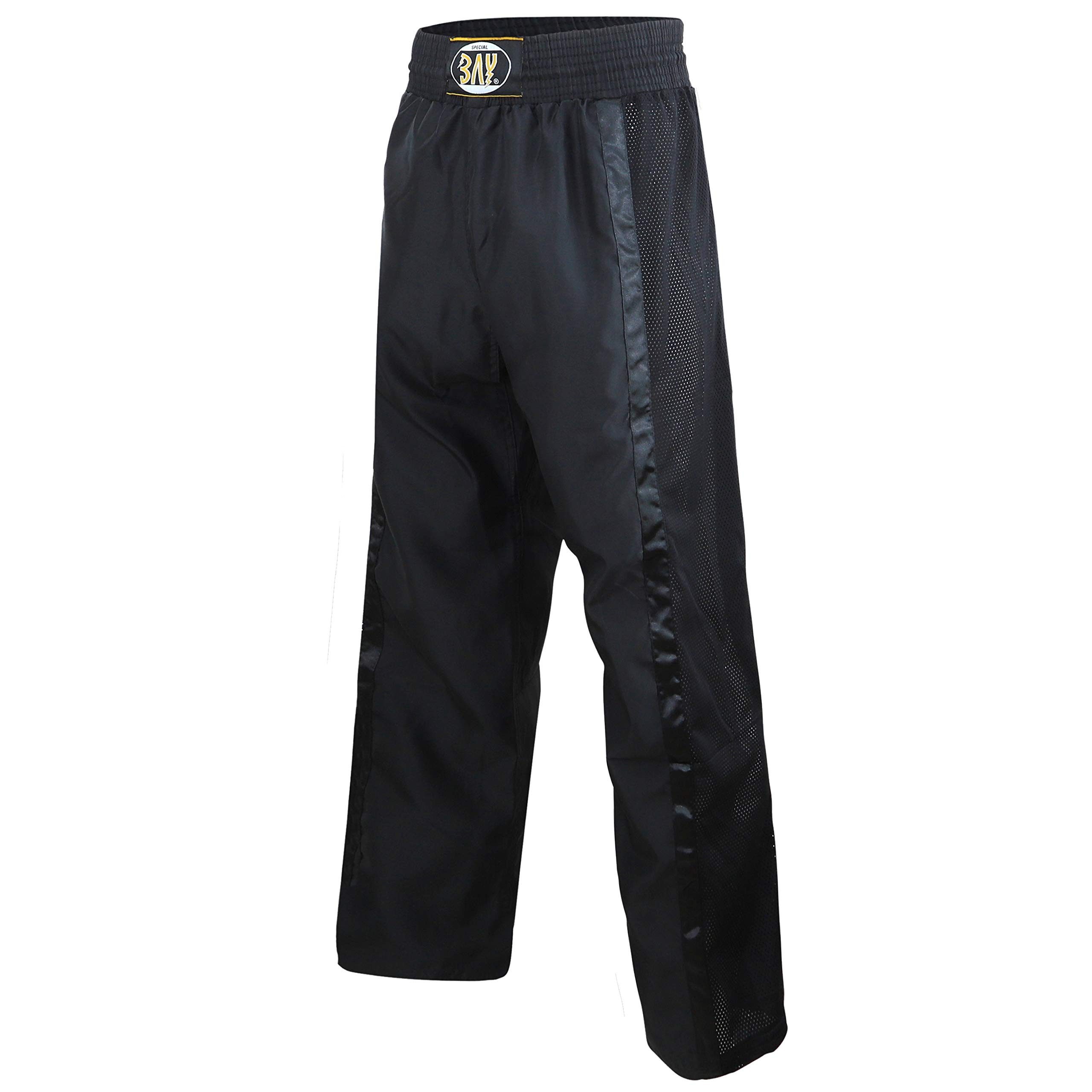 BAY-Sports Sporthose Kickboxhose NETZ-MESH Mesh Netzeinsatz Hose lang Kickboxen Kampfsport lange, leichte, locker sitzende Trainingshose, Schwarz