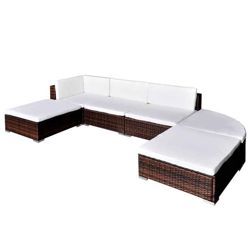 vidaXL Gartenlounge-Set 6-tlg. Garten-Lounge-Set mit Auflagen Poly Rattan Braun, (6-tlg)