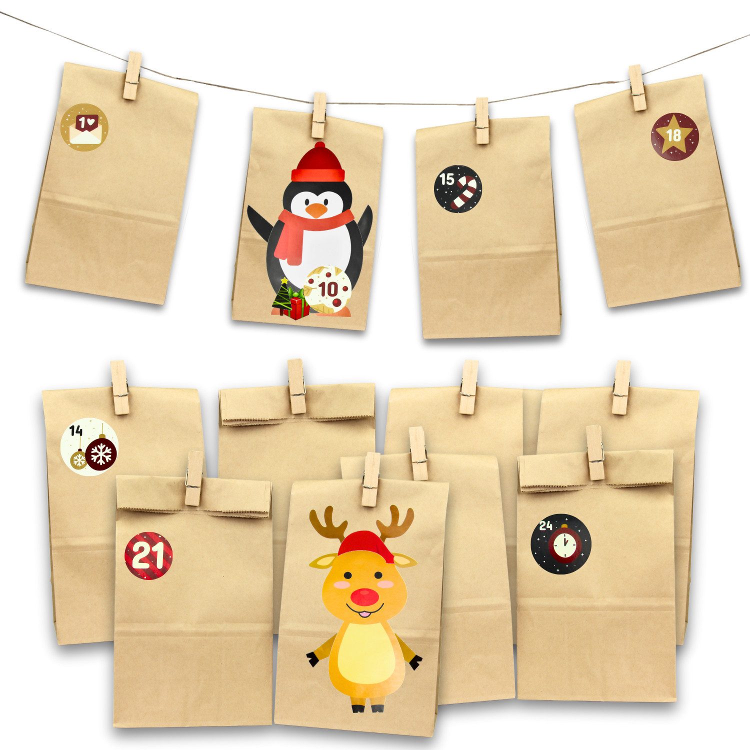 Fomax DIY-Adventskalender zum Befüllen, Komplettes SET mit Papiertüten, Klammern und Stickern, Weihnachtskalender selber machen, wiederverwendbar