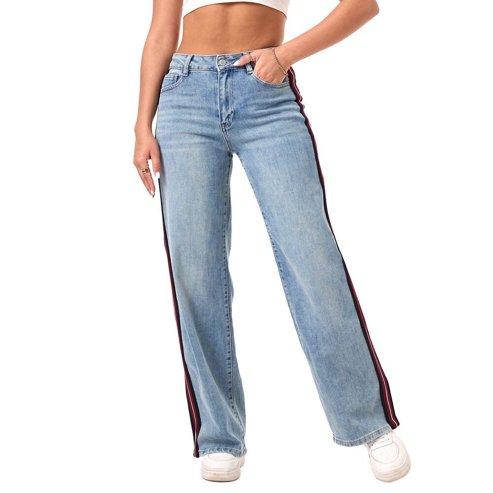 Ital-Design Dad-Jeans High-Waist Jeans mit Weitbein und seitlichen Details (90727821) Used-Look Stretch Straight Leg Jeans in Hellblau