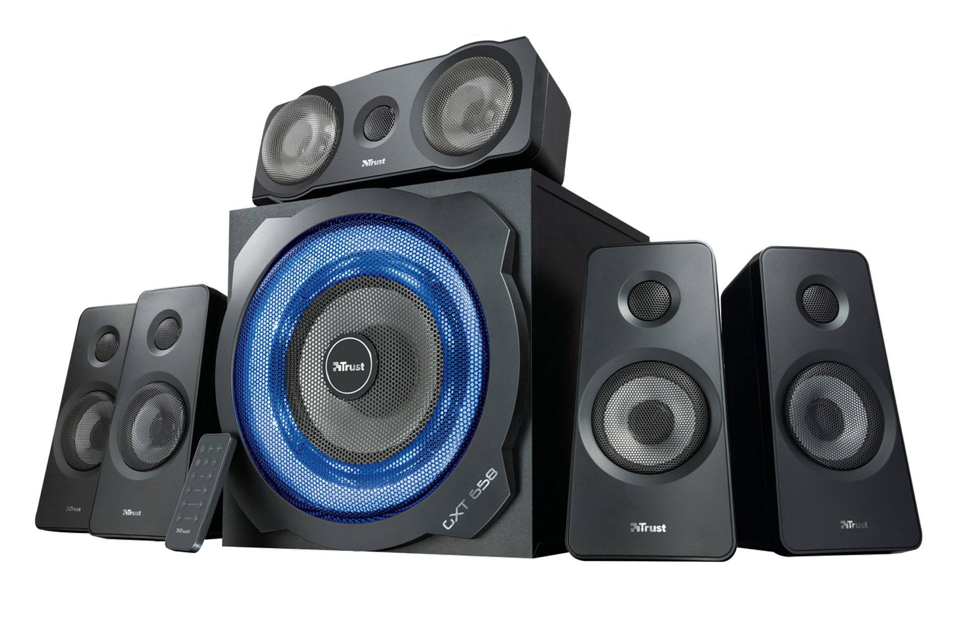 Trust GXT 658 Tytan schwarz PC-Lautsprecher 5.1 (90 W, Kabellose Fernbedienung mit Batterie, Surround Sound, Subwoofer aus Holz, blauer LED-Ring im Lautsprecher reagiert auf die Bassleistung)
