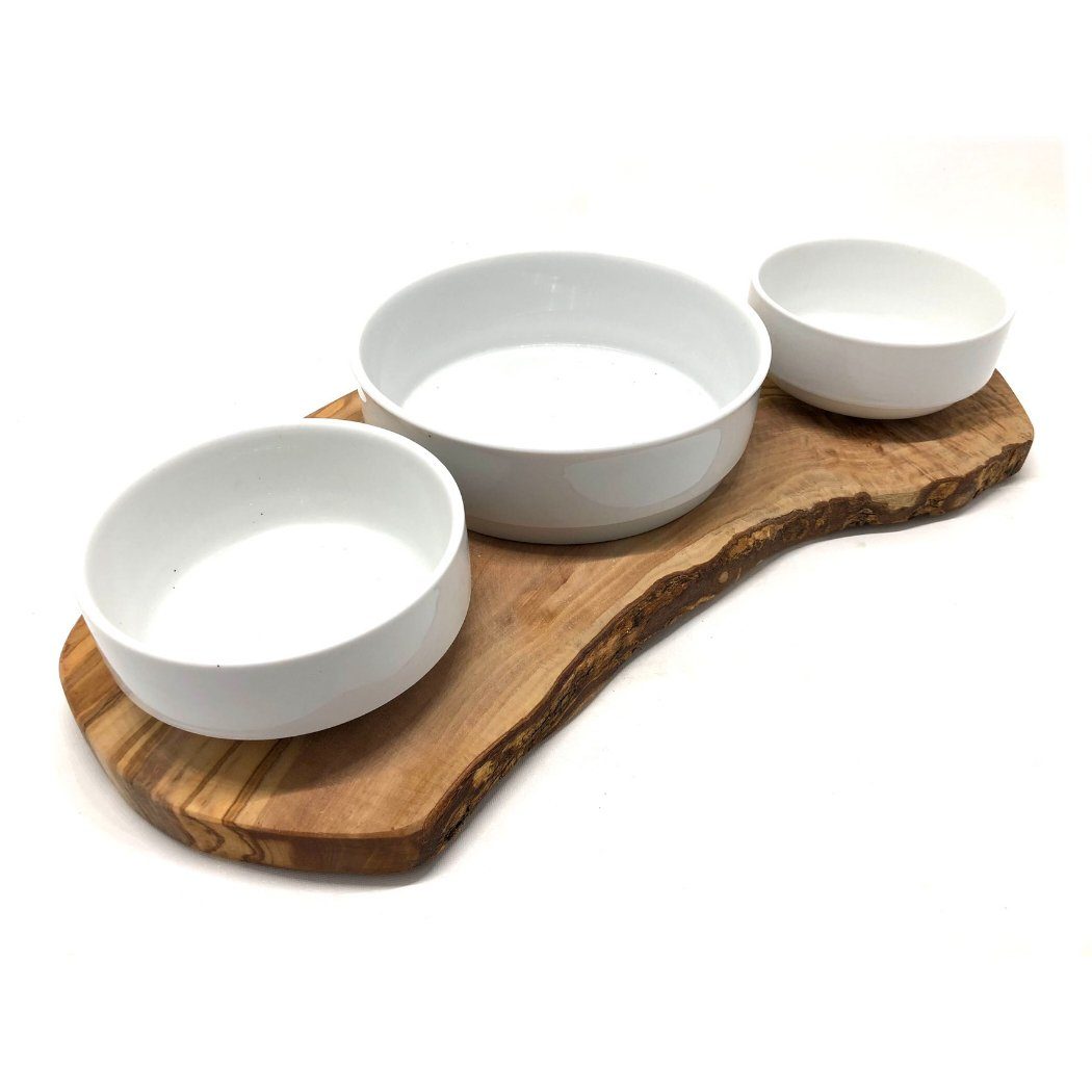 Olivenholz-erleben Futterstation RUSTY TRIO 3-in-1 für Futter und Wasser 2x 0,4L und 1x 0,9L Schalen, Porzellan, Rustikal & edel – echtes Olivenholz kombiniert mit weißem Porzellan