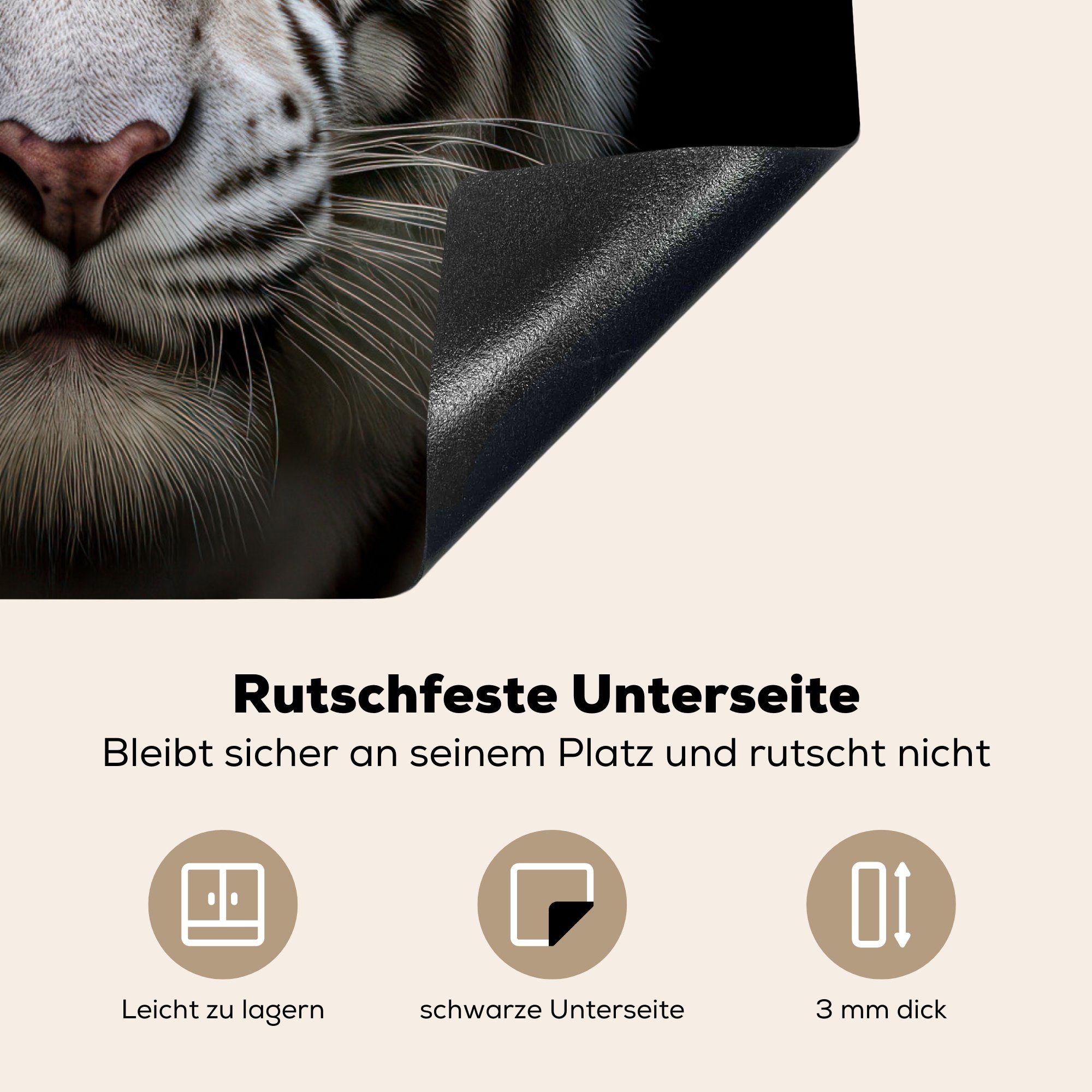 Tiere - - MuchoWow Herdblende-/Abdeckplatte Tiger Schwarz, 60x52 Ceranfeldabdeckung Mobile nutzbar, Porträt cm, Vinyl, Arbeitsfläche tlg), (1 -
