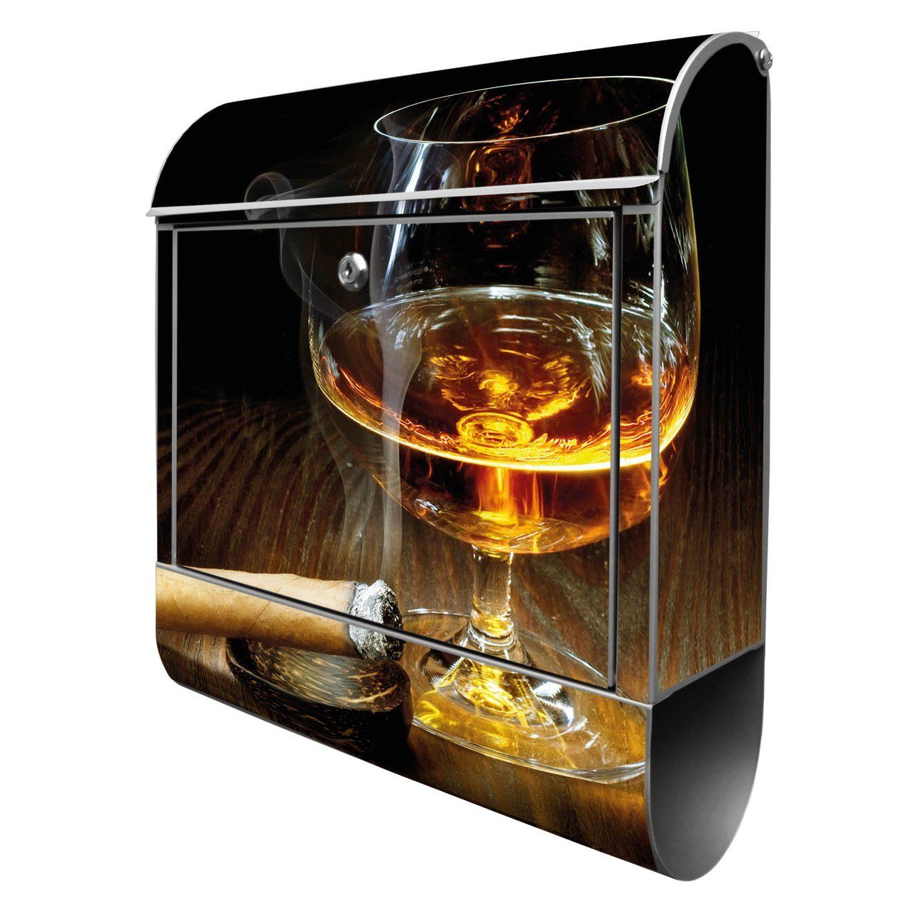 banjado Wandbriefkasten Stahl Whiskey & Cigar (Wandbriefkasten witterungsbeständig, pulverbeschichtet, mit Zeitungsfach), 39 x 47 x 14cm silberfarben