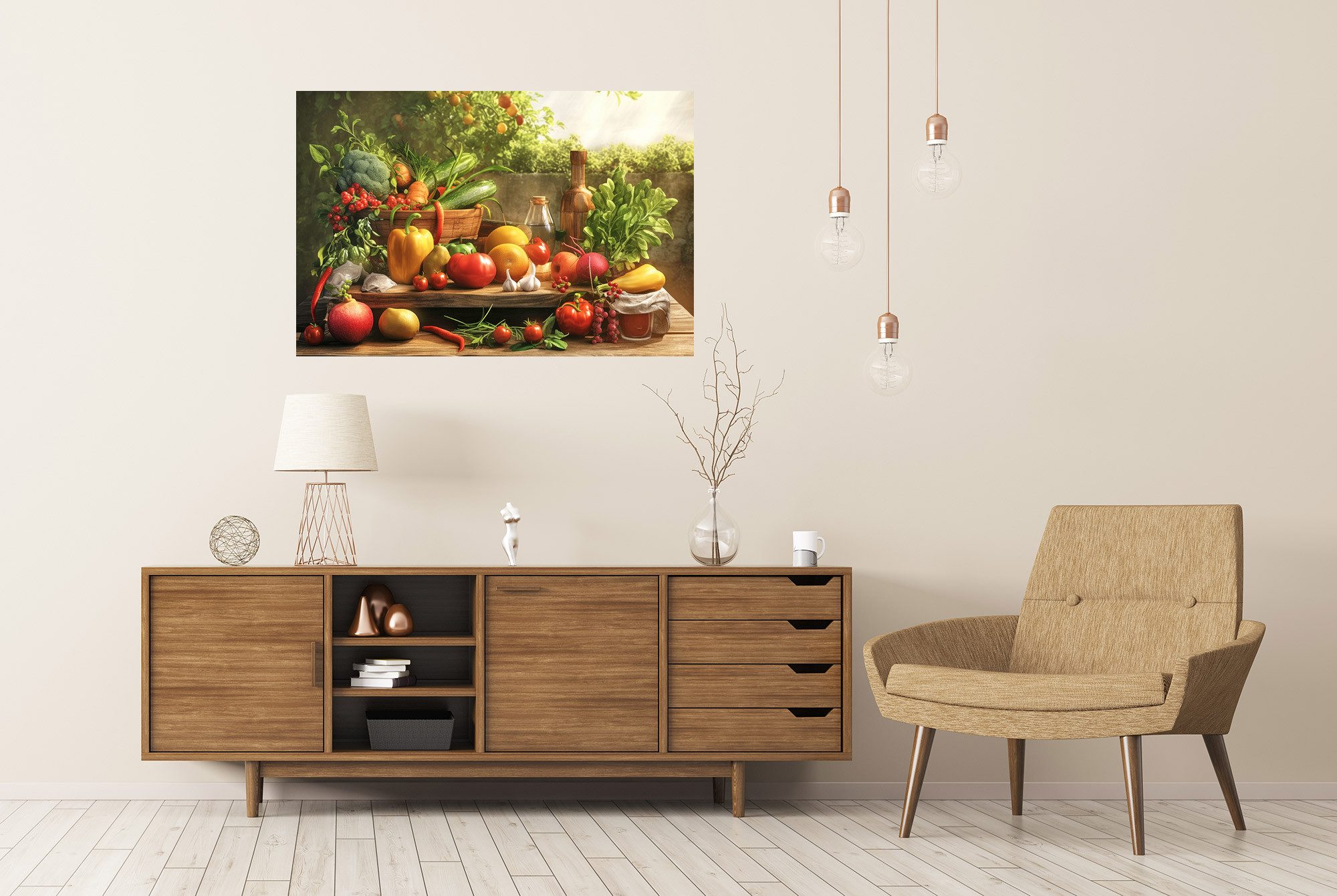islandburner Poster Üppiges Gartenfrühstück mit frischem Gemüse und Obst für Küche