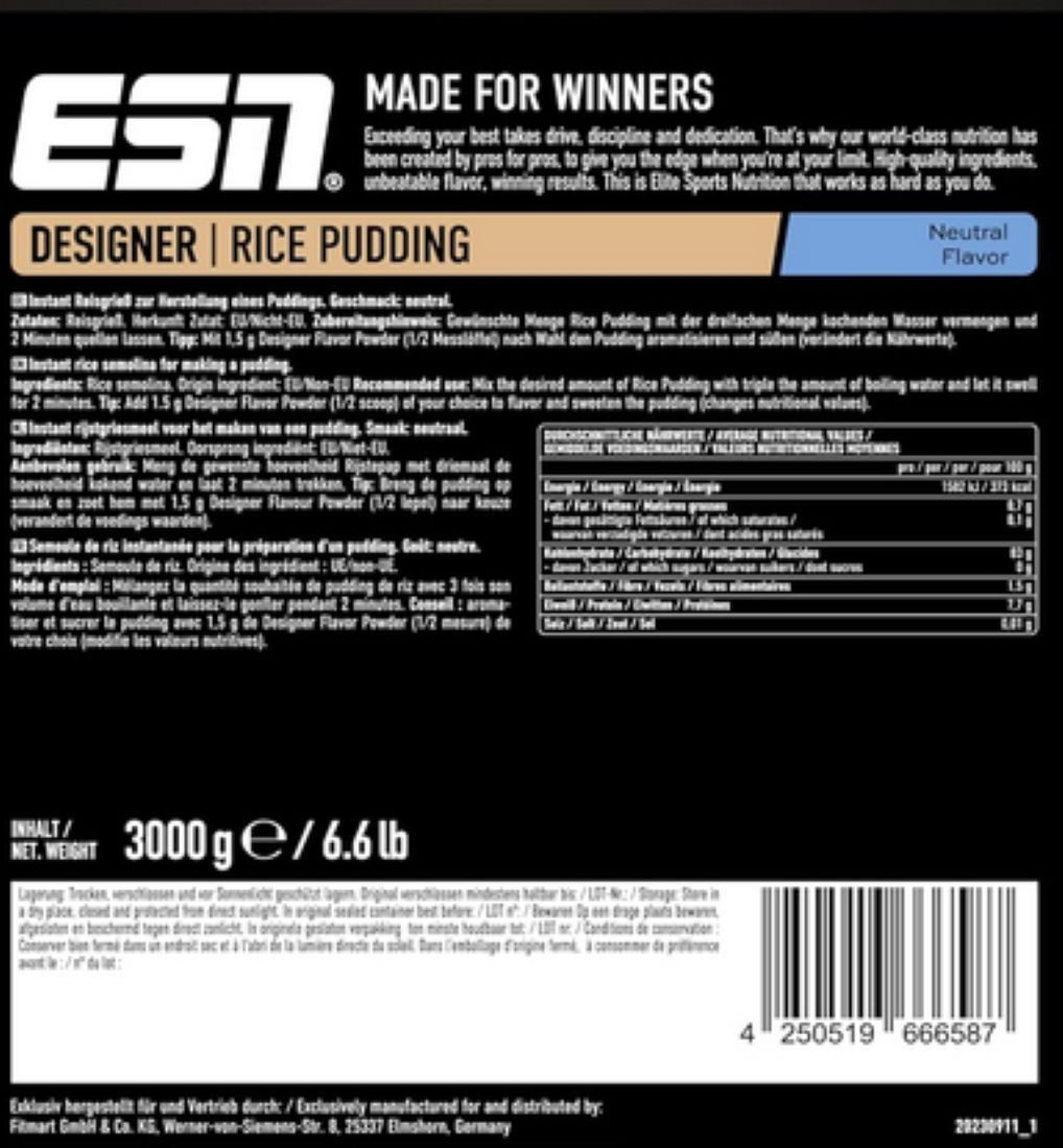 ESN ESN Instant RICE Pudding 3000g Pulver, 3000 g, Schnell & leicht verdaulich