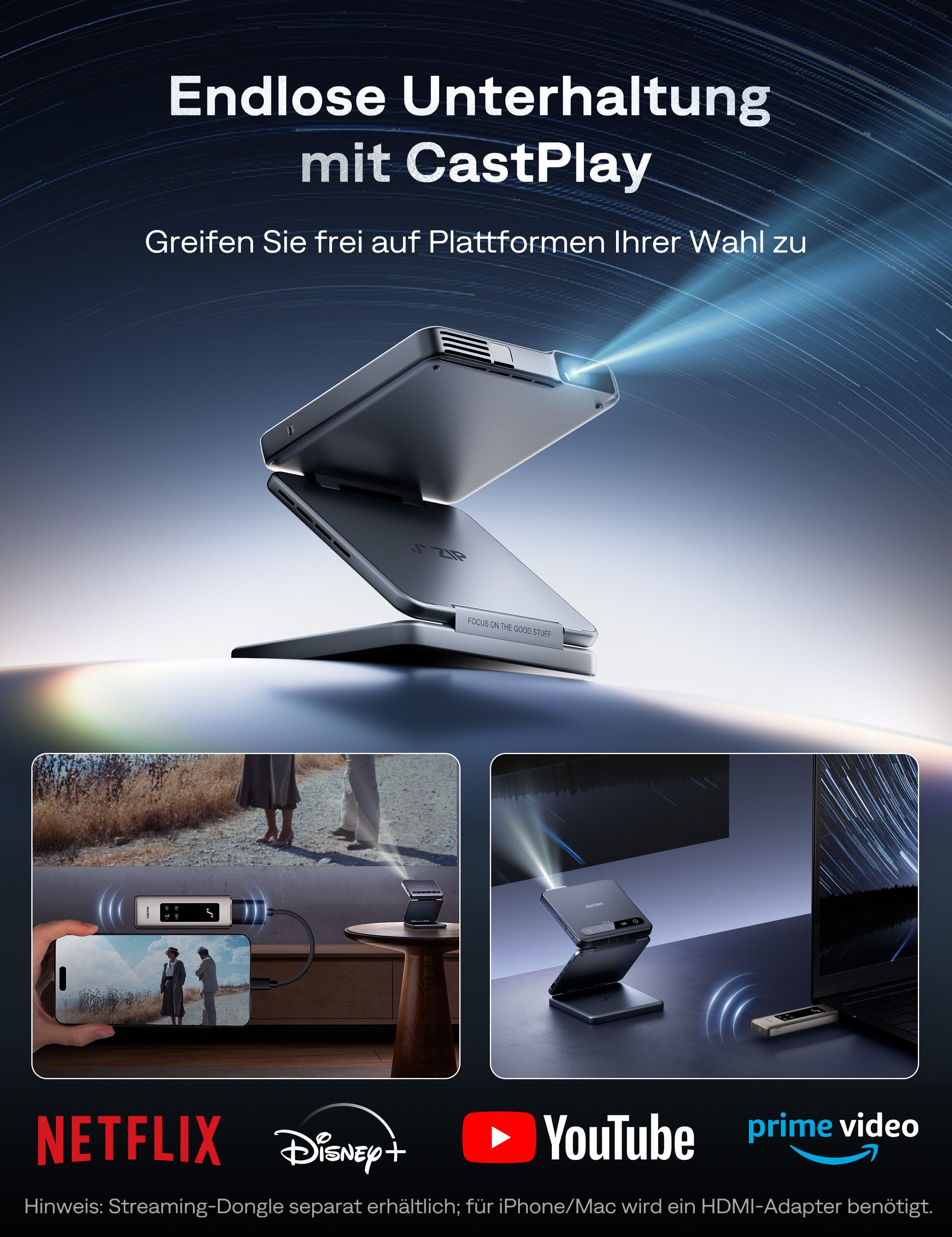Aurzen 4K Unterstützt ZIP Tri-Fold DLP Mini-Projektor Taschenformat Beamer (1920 x 1080 px, Autofokus ohne Verzögerung, 1-Klick-Spiegelung, Vollbildmodus) grau