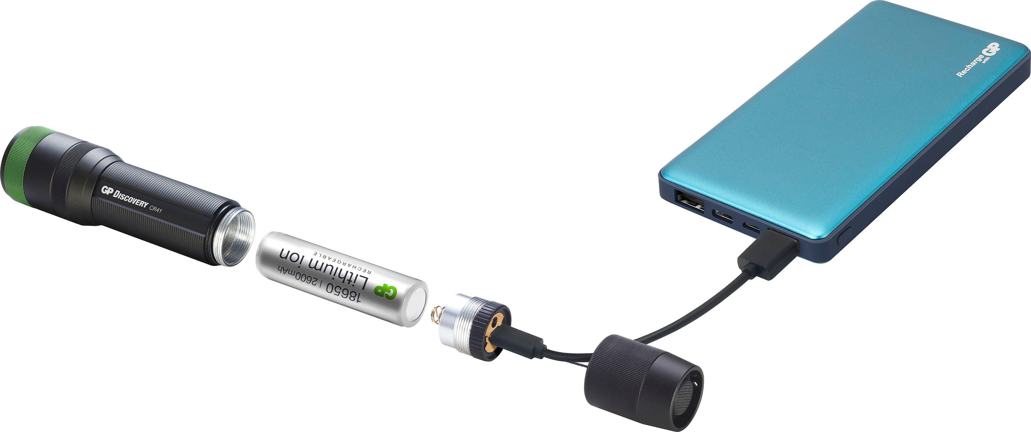 GP Discovery + Li-Ion GP Taschenlampe CR41, USB Akku USB Ladekabel Batteries Wiederaufladbar, 650 Lumen, inkl.18650