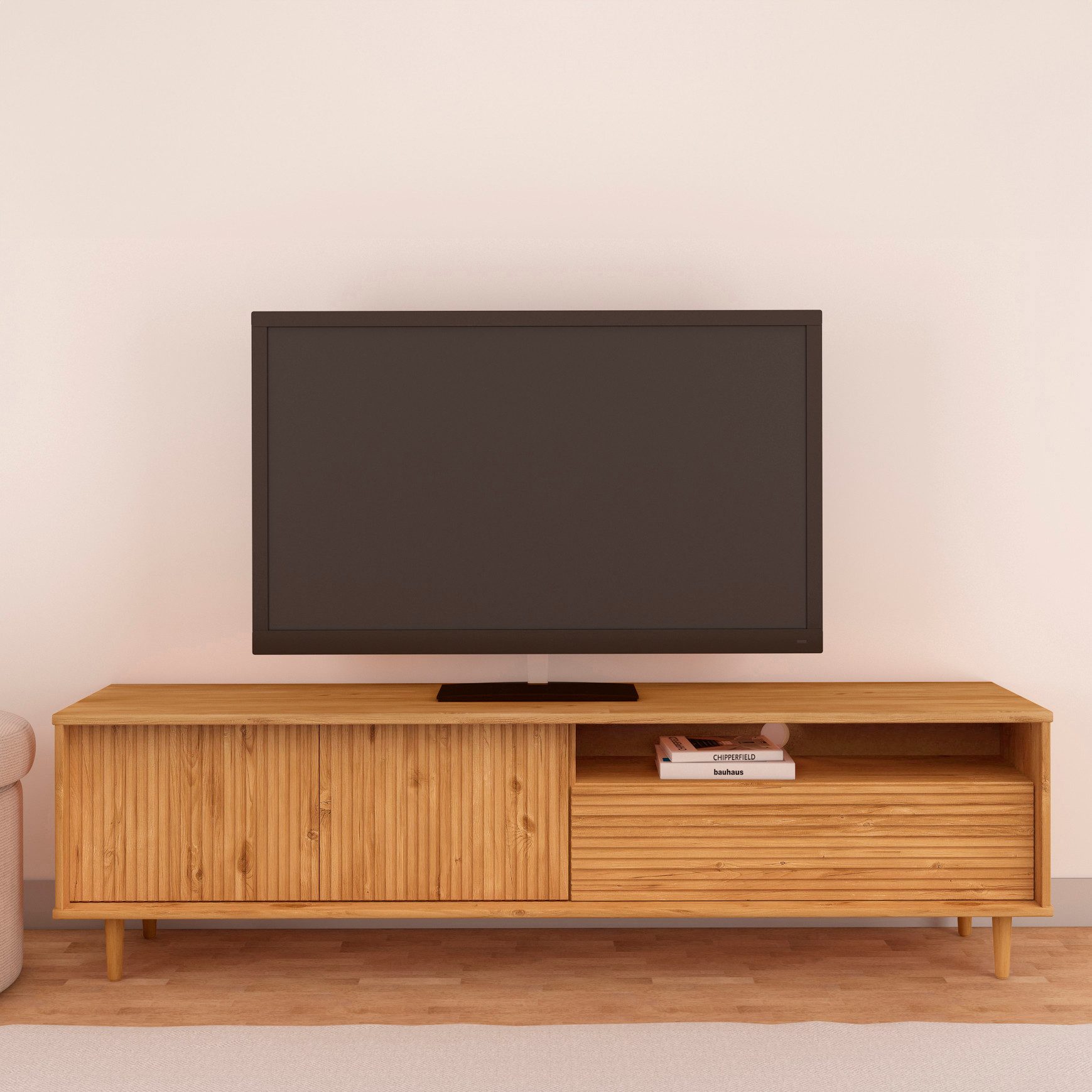 OTTO home Lowboard Malmedy Front mit gefrästen Rillen, TV-Kommode aus massivem Kiefernholz, Push-to-open, Breite 180 cm