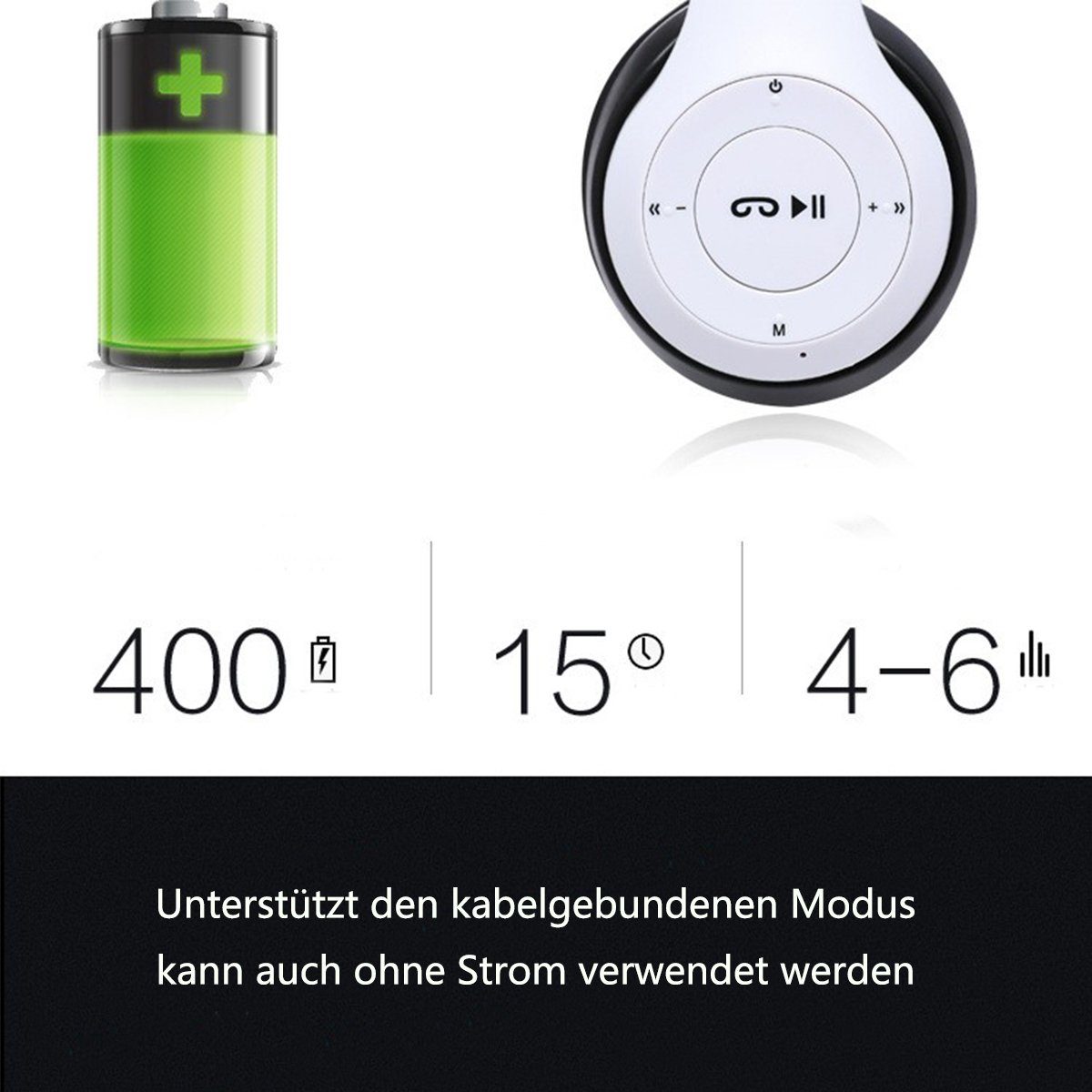 autolock Bluetooth Over-Ear-Kopfhörer Wireless Faltbare Headset Over-Ear-Kopfhörer (Stereo Kopfhörer mit Micro USB Kabel, 3,5mm Köpfhorerkabel)
