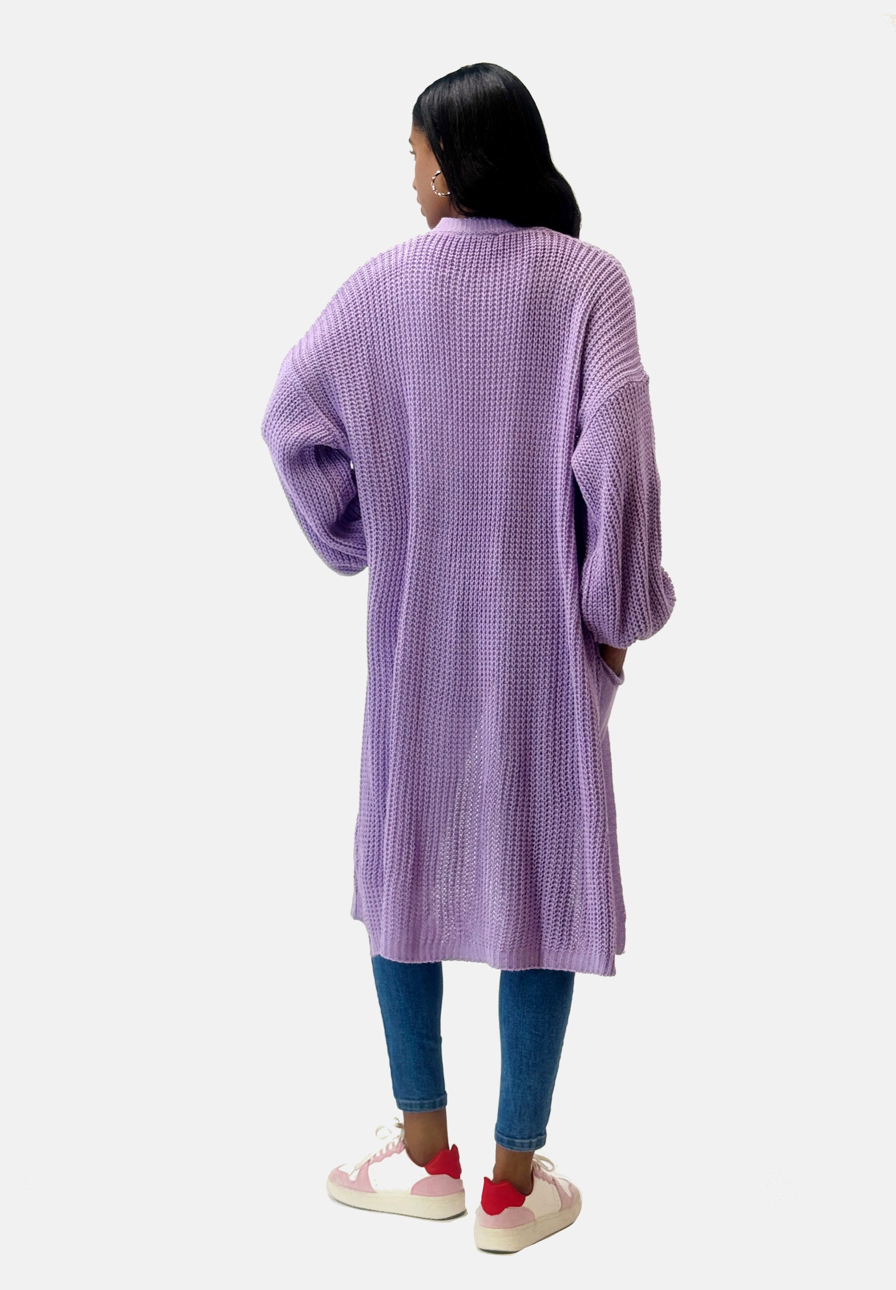 Elara Cardigan — Damen Long-Strickjacke One Size mit Taschen und Ballonärmeln