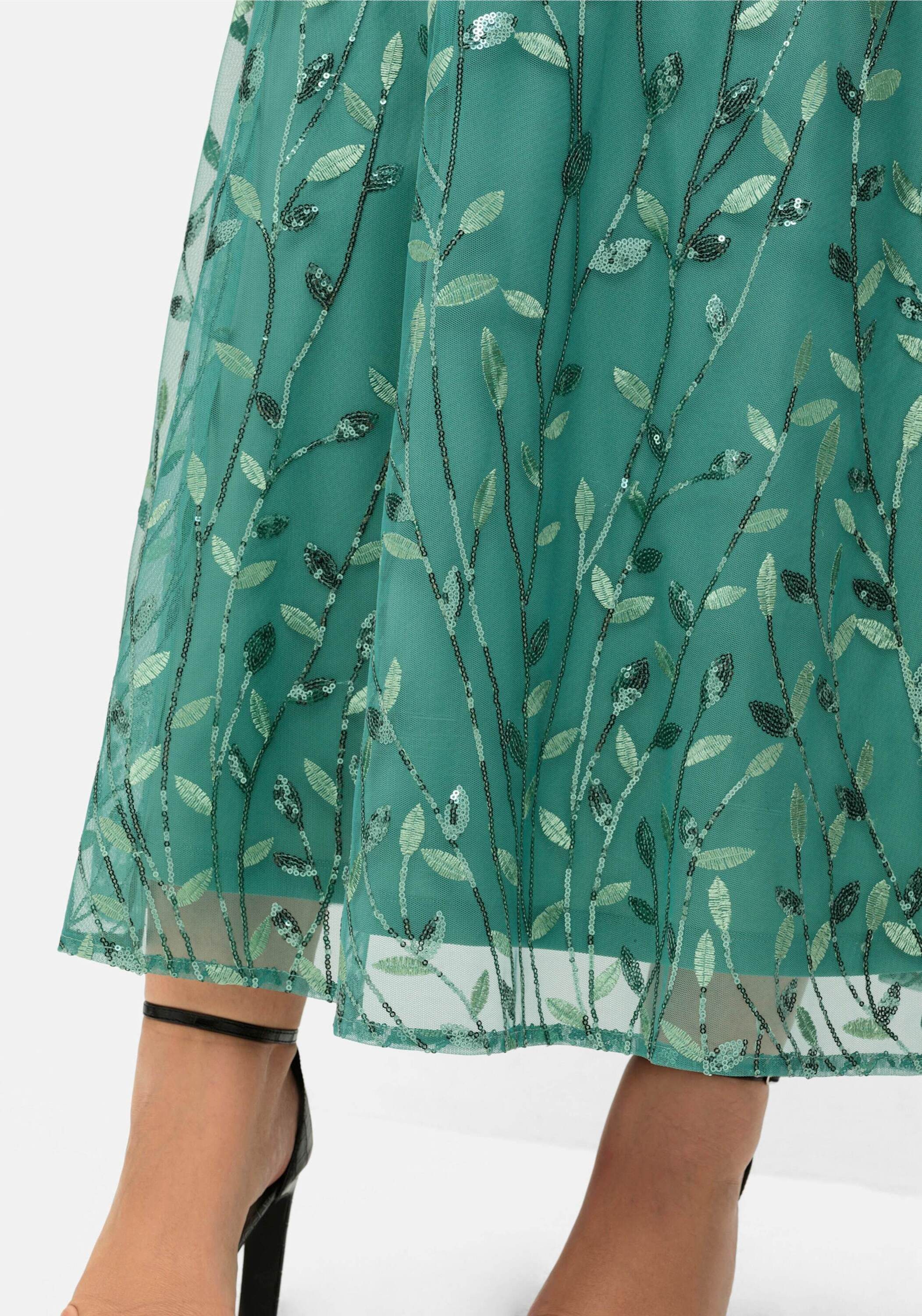 Sheego Etuikleid Abendkleid Kurzarm mit Stickereien und Pailletten am Rock